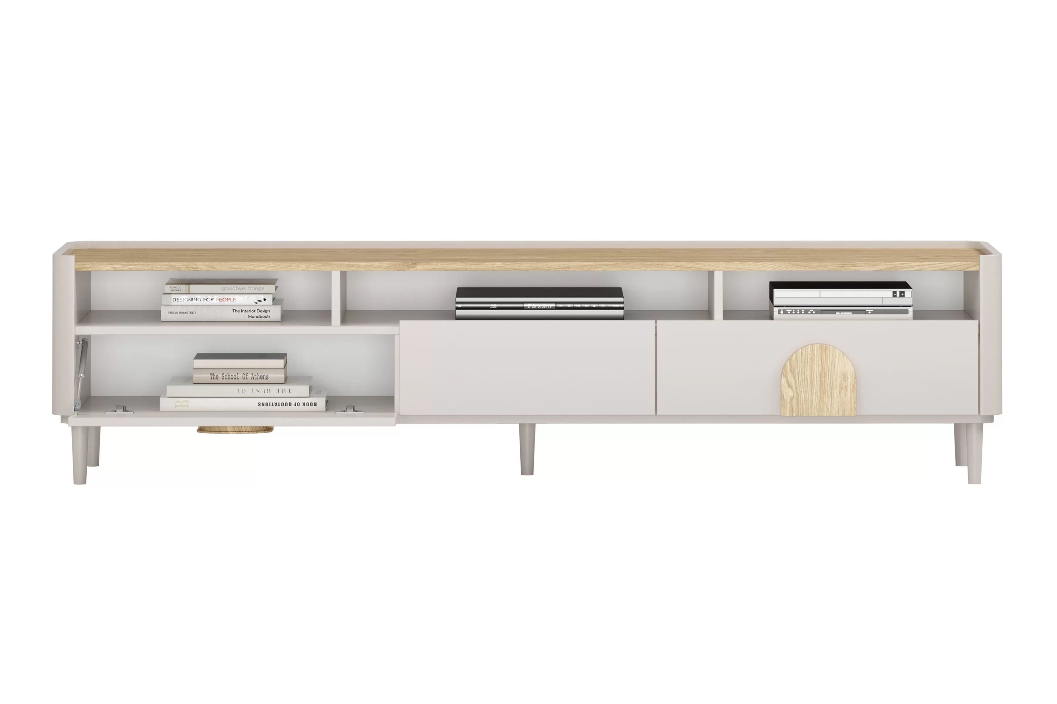 TV stolík Amilio 200 cm na nožičkách - kašmírová / dub olejovaný / dub svetlý TV skrinka Amilio 200 cm so zásuvkami na nôžkach - kašmír / Dub olejowany / úchyty Svetlý dub