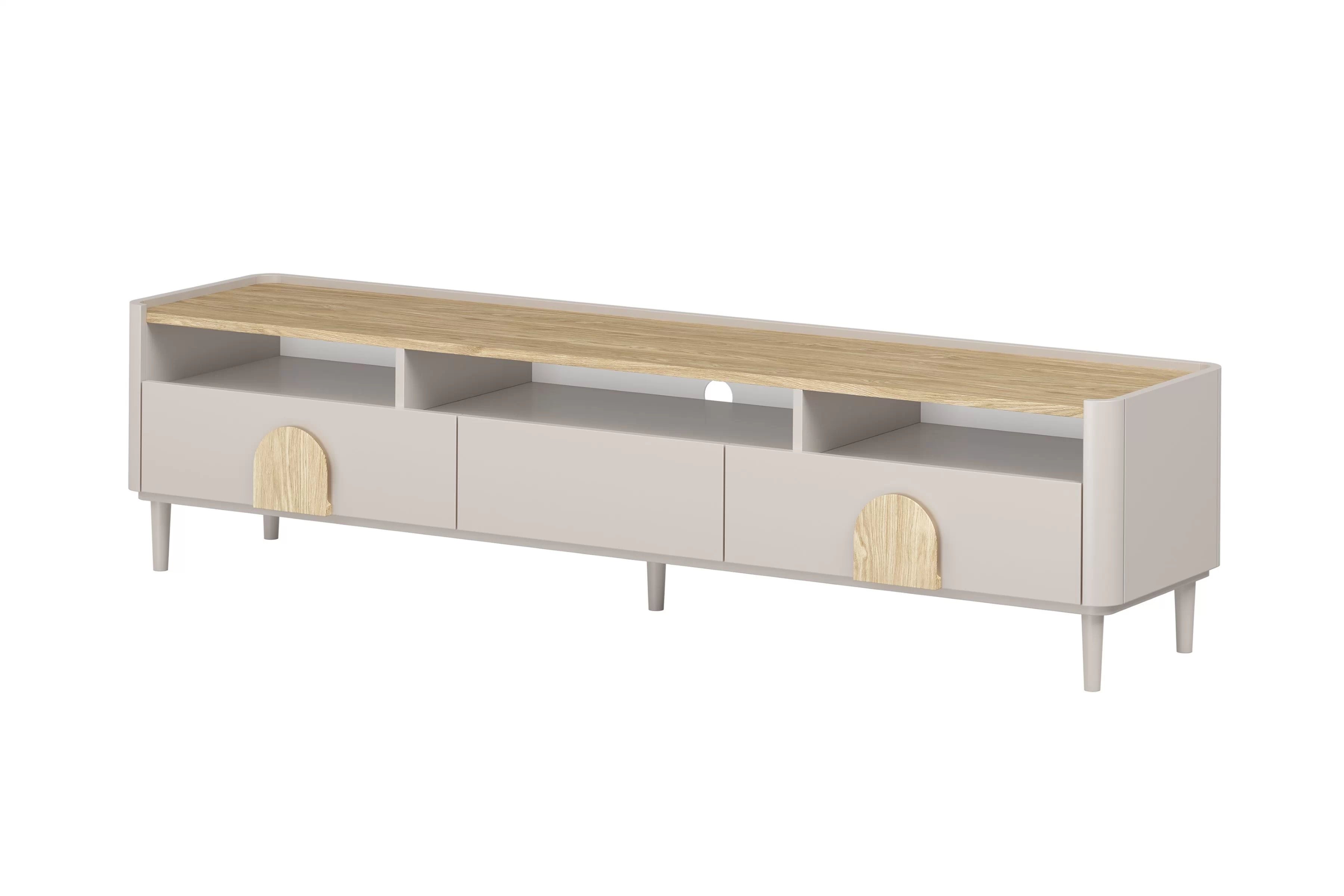 TV stolík Amilio 200 cm na nožičkách - kašmírová / dub olejovaný / dub svetlý TV skrinka Amilio 200 cm so zásuvkami na nôžkach - kašmír / Dub olejowany / úchyty Svetlý dub