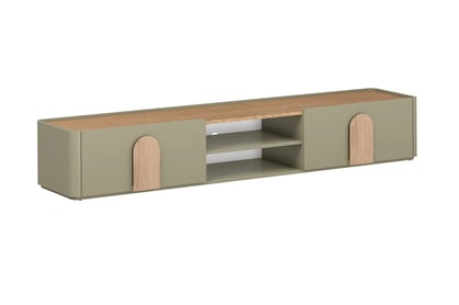 TV stolík Amilio 220 cm so zásuvkou - eukalyptus / dub baltic dune / úchytky dub prírodný