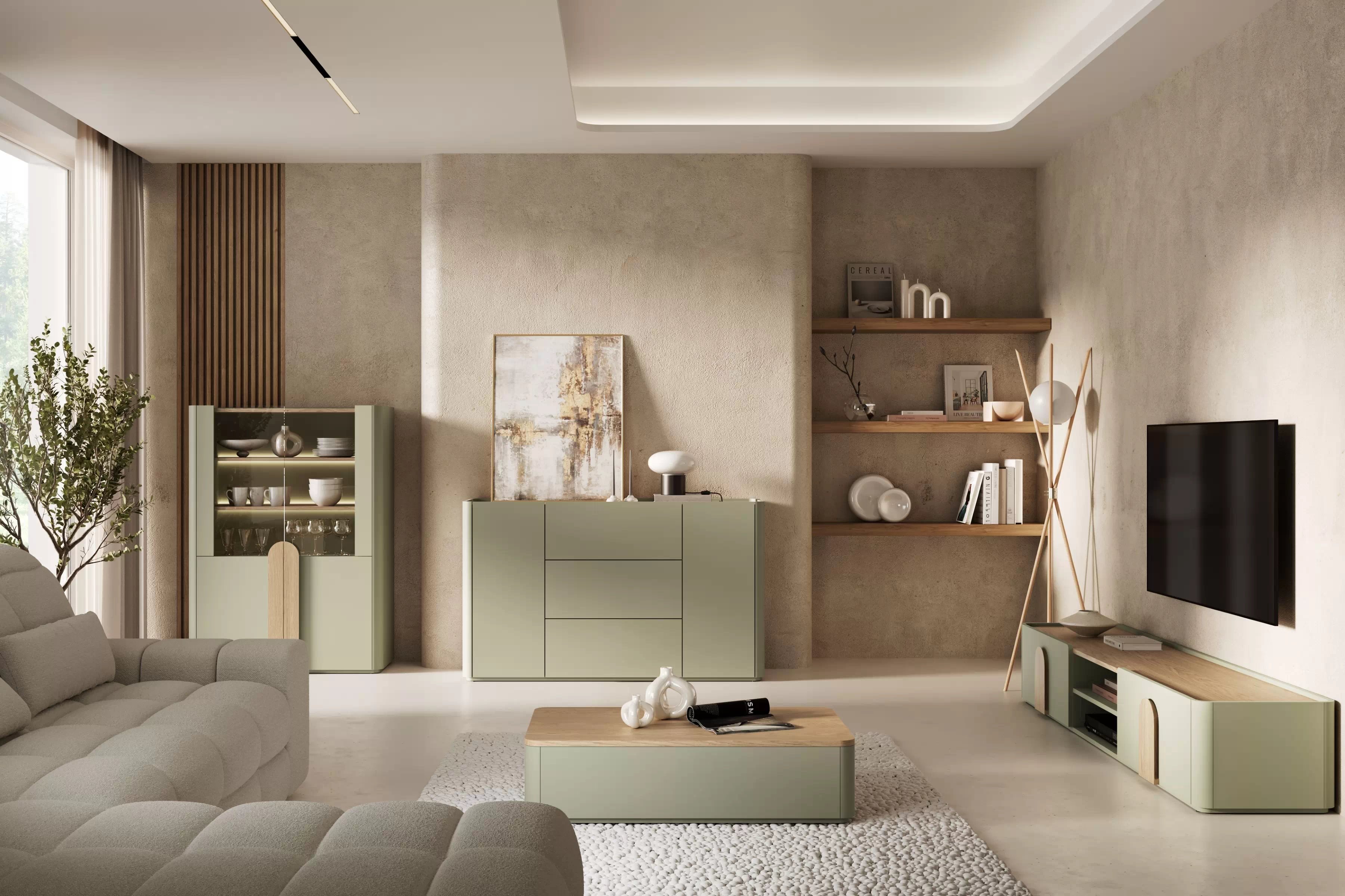 TV stolík Amilio 220 cm so zásuvkou - eukalyptus / dub baltic dune / úchytky dub prírodný TV skrinka Amilio 220 cm z szuflada - eukaliptus / Dub baltic dune / úchyty Dub prírodné