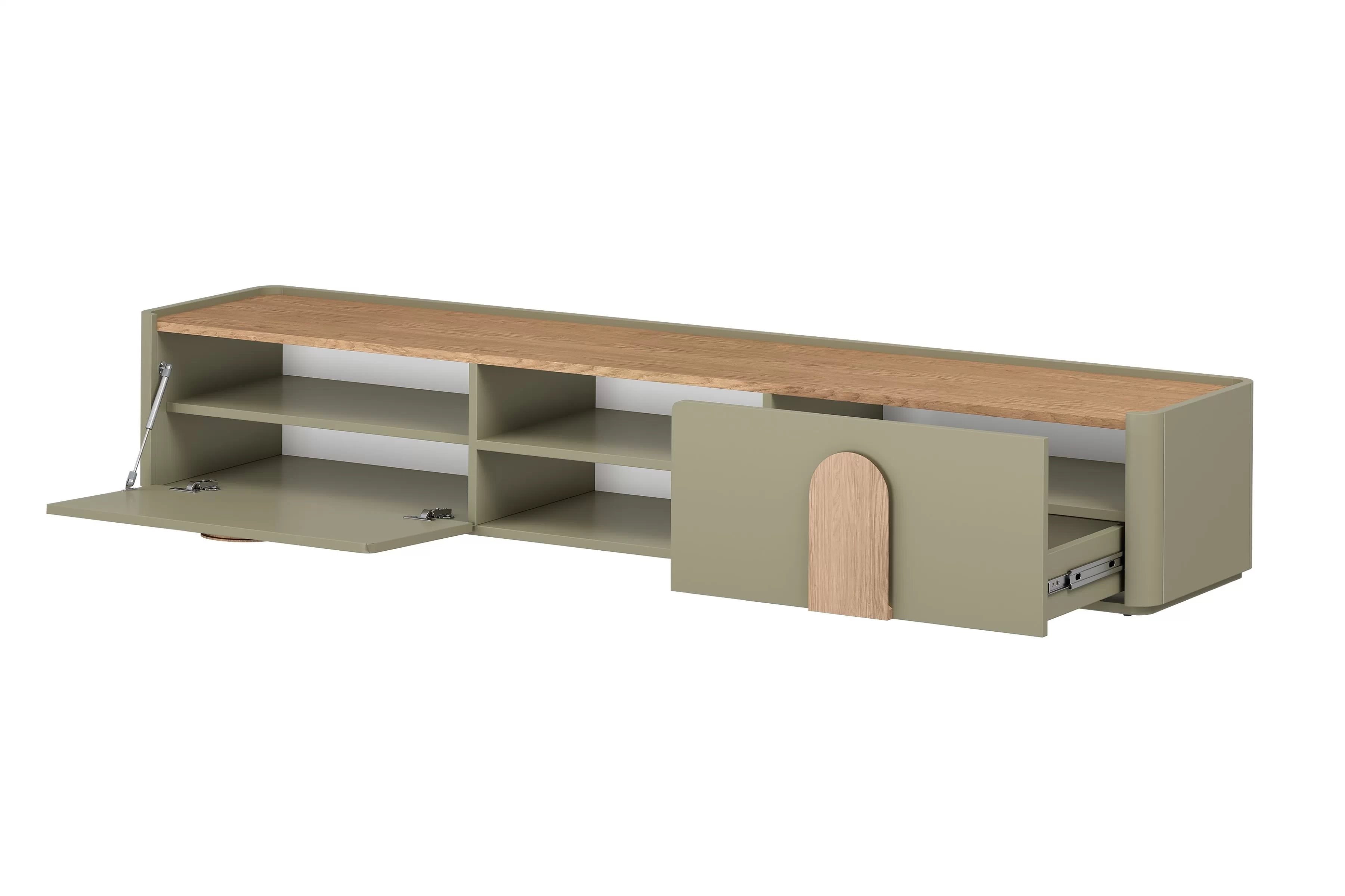 TV stolík Amilio 220 cm so zásuvkou - eukalyptus / dub baltic dune / úchytky dub prírodný TV skrinka Amilio 220 cm z szuflada - eukaliptus / Dub baltic dune / úchyty Dub prírodné