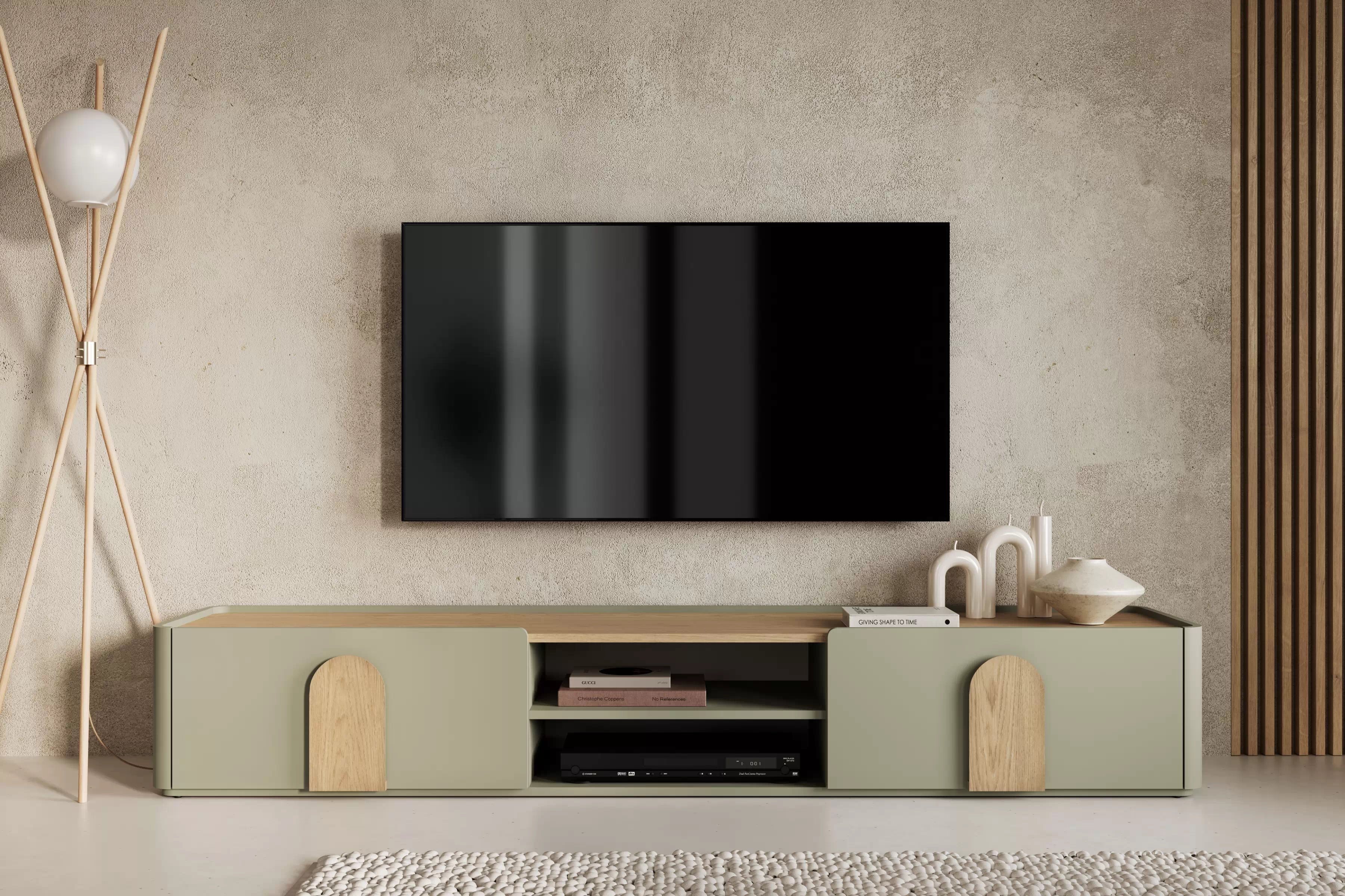 TV stolík Amilio 220 cm so zásuvkou - eukalyptus / dub baltic dune / úchytky dub prírodný TV skrinka Amilio 220 cm z szuflada - eukaliptus / Dub baltic dune / úchyty Dub prírodné