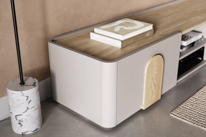 TV stolík Amilio 220 cm so zásuvkou - kašmír / olejovaný dub / úchytky svetlý dub TV skrinka Amilio 220 cm z szuflada - kašmír / Dub olejowany / úchyty Svetlý dub