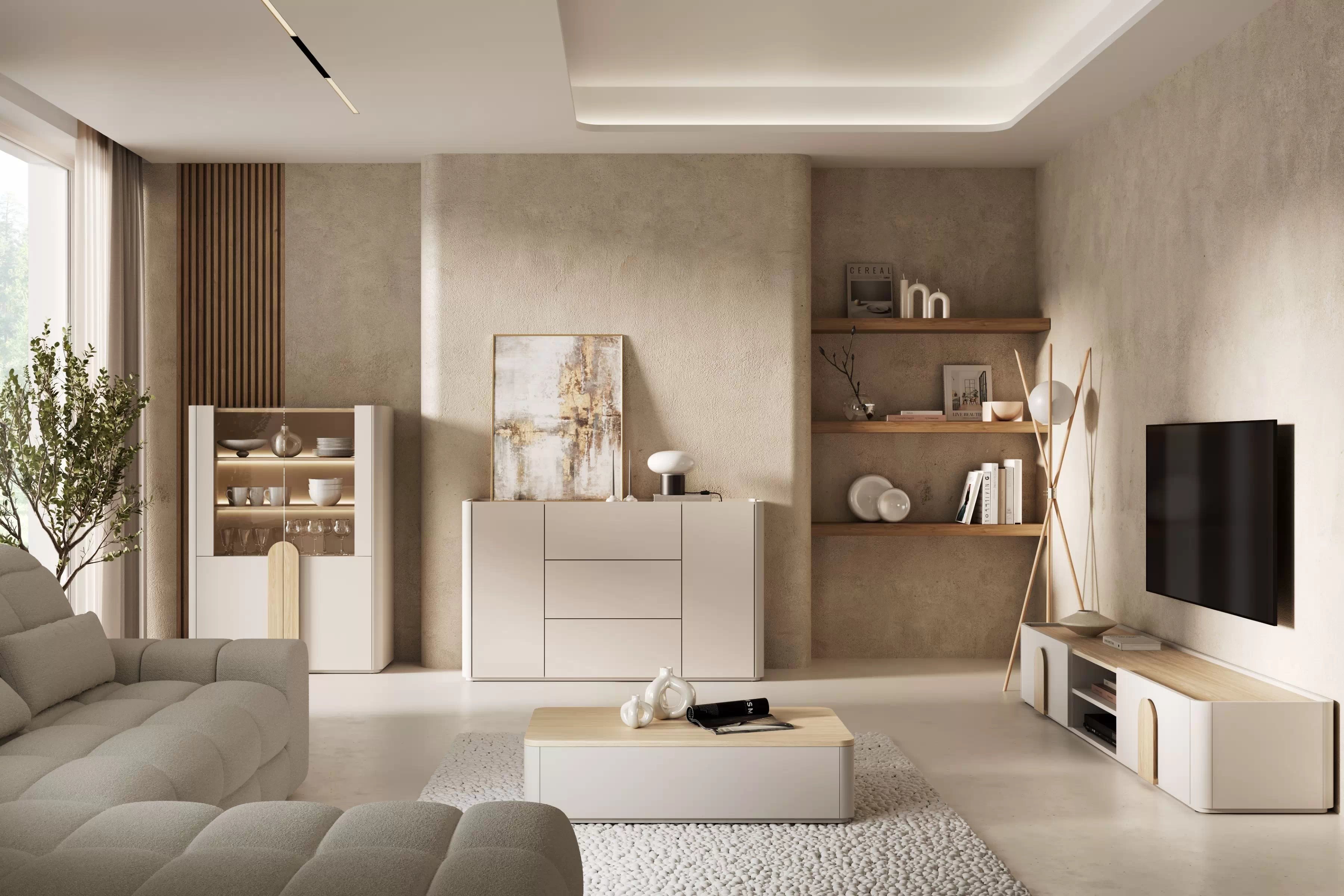 TV stolík Amilio 220 cm - kašmírová / dub olejovaný / dub svetlý TV skrinka Amilio 220 cm z szuflada - kašmír / Dub olejowany / úchyty Svetlý dub