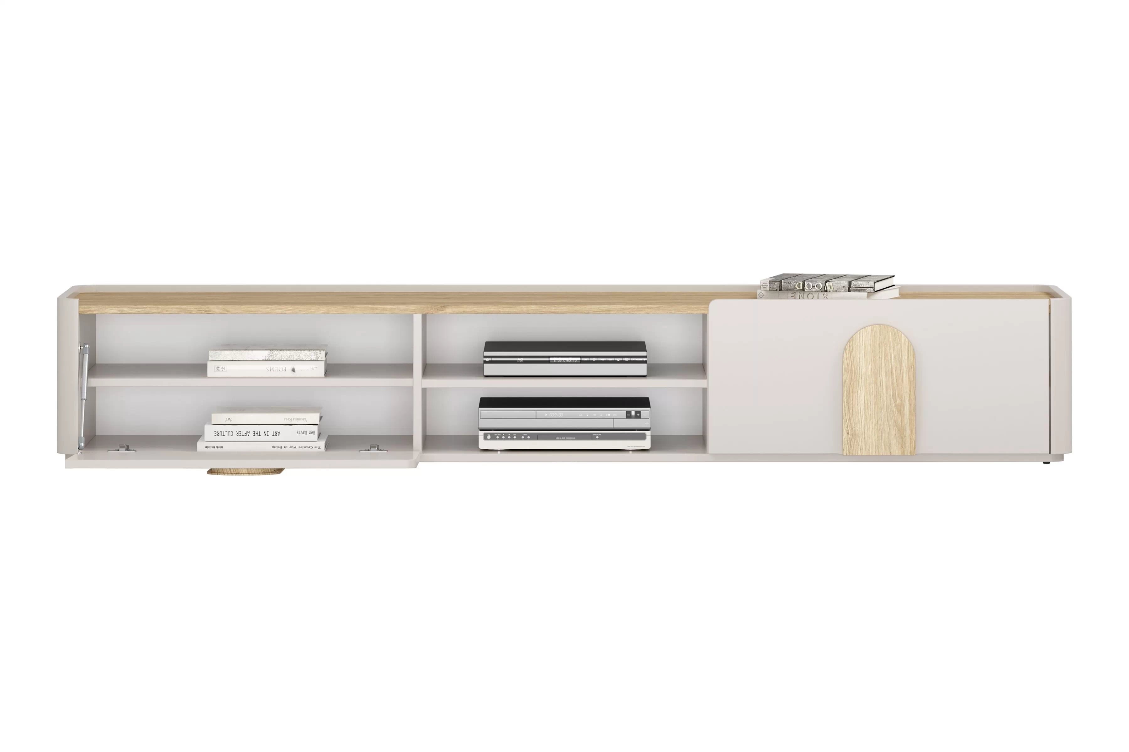 TV stolík Amilio 220 cm - kašmírová / dub olejovaný / dub svetlý TV skrinka Amilio 220 cm z szuflada - kašmír / Dub olejowany / úchyty Svetlý dub