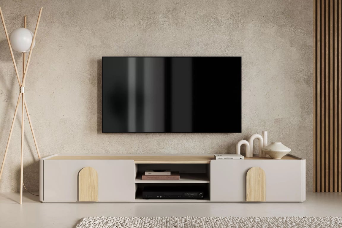 TV stolek Amilio 220 cm se zásuvkou - kašmír / dub olejovaný / úchyty dub světlý skříňka RTV Amilio 220 cm z szuflada - kašmír / dub olejowany / Úchytky světlý dub