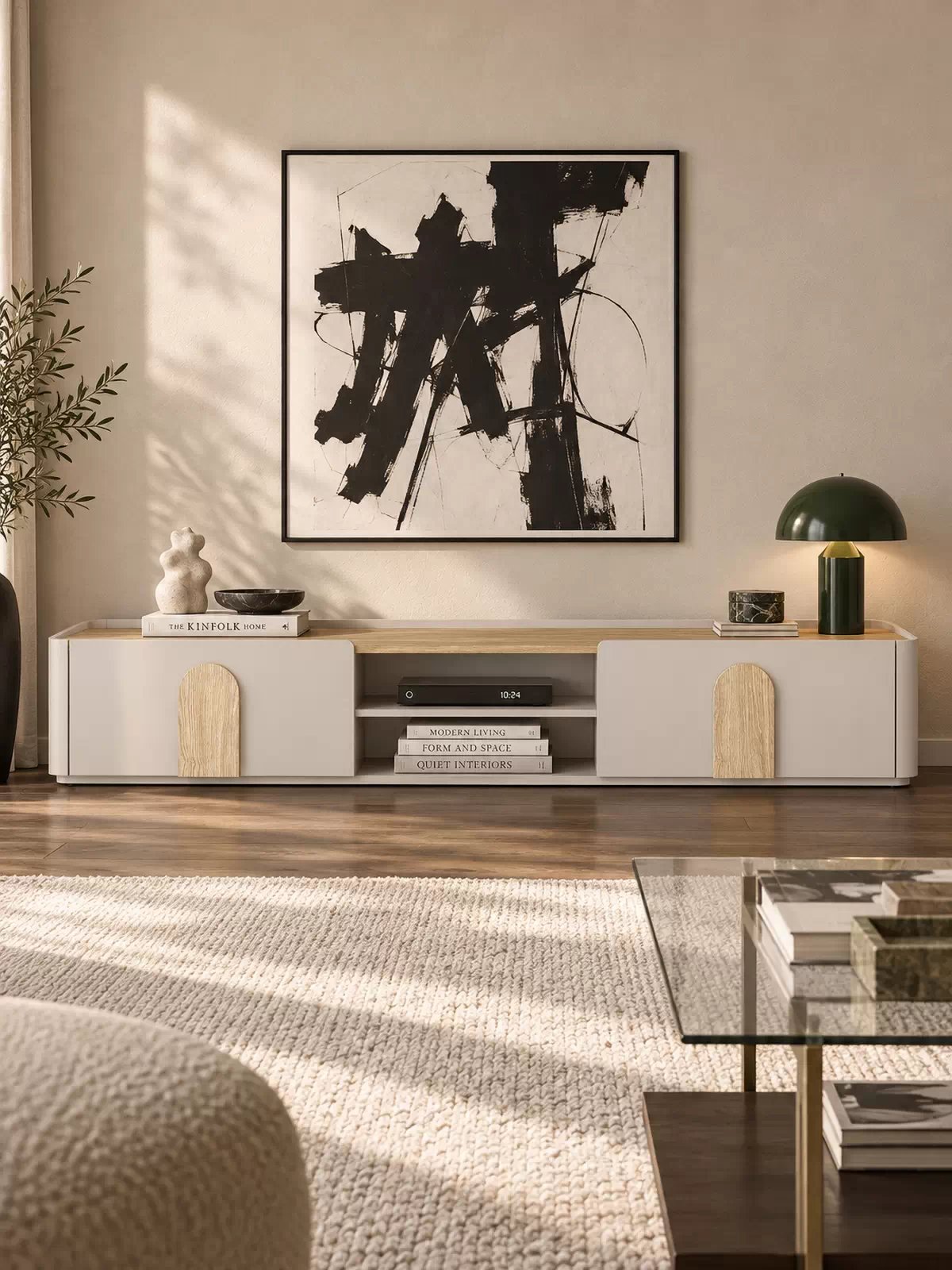 Moderní TV skříňka Amilio 220 cm s šuplíkem - kašmír / olejovaný dub / úchyty světlý dub skříňka RTV Amilio 220 cm z szuflada - kašmír / dub olejowany / Úchytky světlý dub