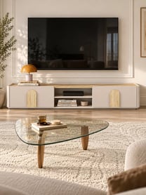 Moderní TV skříňka Amilio 220 cm s šuplíkem - kašmír / olejovaný dub / úchyty světlý dub skříňka RTV Amilio 220 cm z szuflada - kašmír / dub olejowany / Úchytky světlý dub