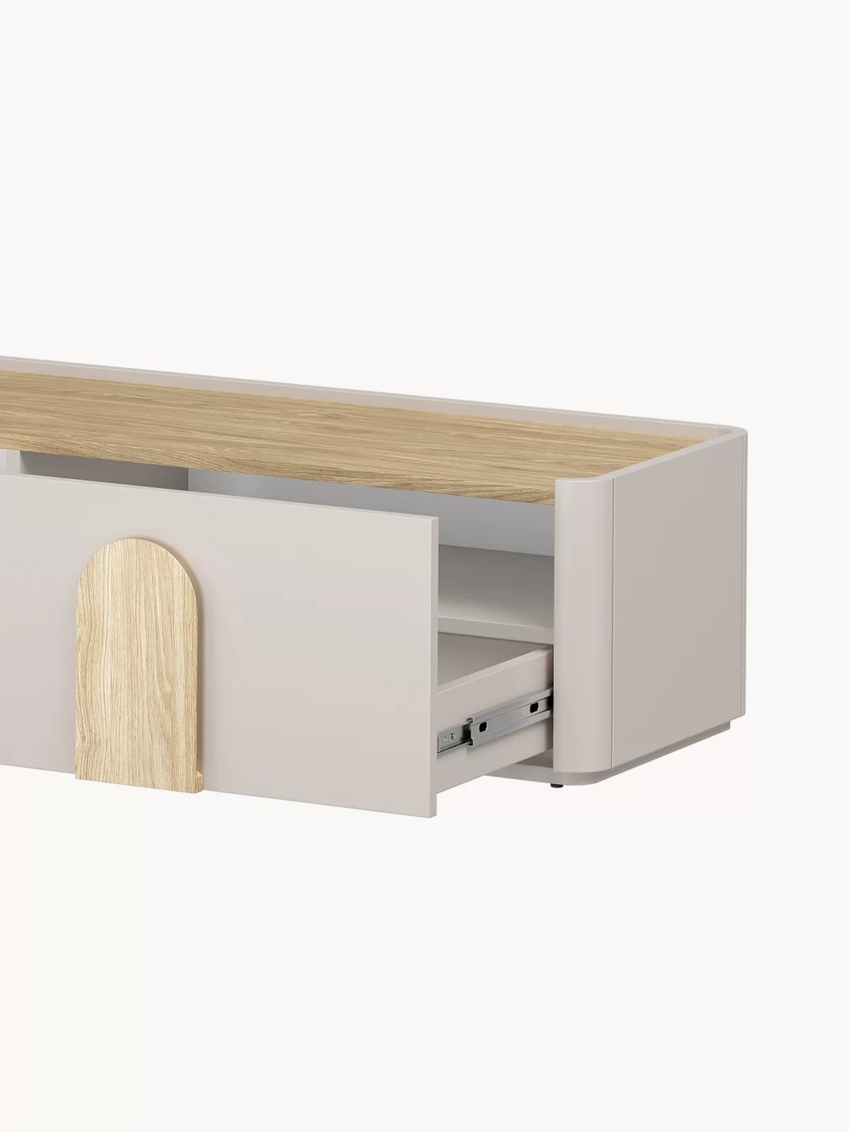 Moderní TV skříňka Amilio 220 cm s šuplíkem - kašmír / olejovaný dub / úchyty světlý dub skříňka RTV Amilio 220 cm z szuflada - kašmír / dub olejowany / Úchytky světlý dub