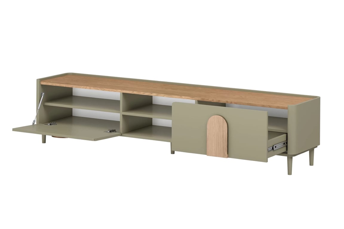 TV stolek Amilio 220 cm se zásuvkou - eukalyptus / dub baltic dune / úchyty dub přírodní skříňka RTV Amilio 220 cm z szuflada na nožkách - eukaliptus / dub baltic dune / Úchytky dub přírodní