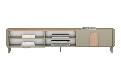 TV stolek Amilio 220 cm se zásuvkou - eukalyptus / dub baltic dune / úchyty dub přírodní skříňka RTV Amilio 220 cm z szuflada na nožkách - eukaliptus / dub baltic dune / Úchytky dub přírodní
