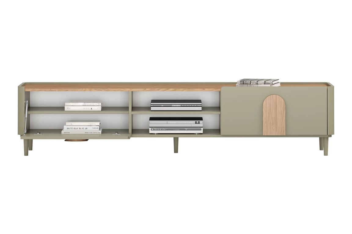 TV stolek Amilio 220 cm se zásuvkou - eukalyptus / dub baltic dune / úchyty dub přírodní skříňka RTV Amilio 220 cm z szuflada na nožkách - eukaliptus / dub baltic dune / Úchytky dub přírodní