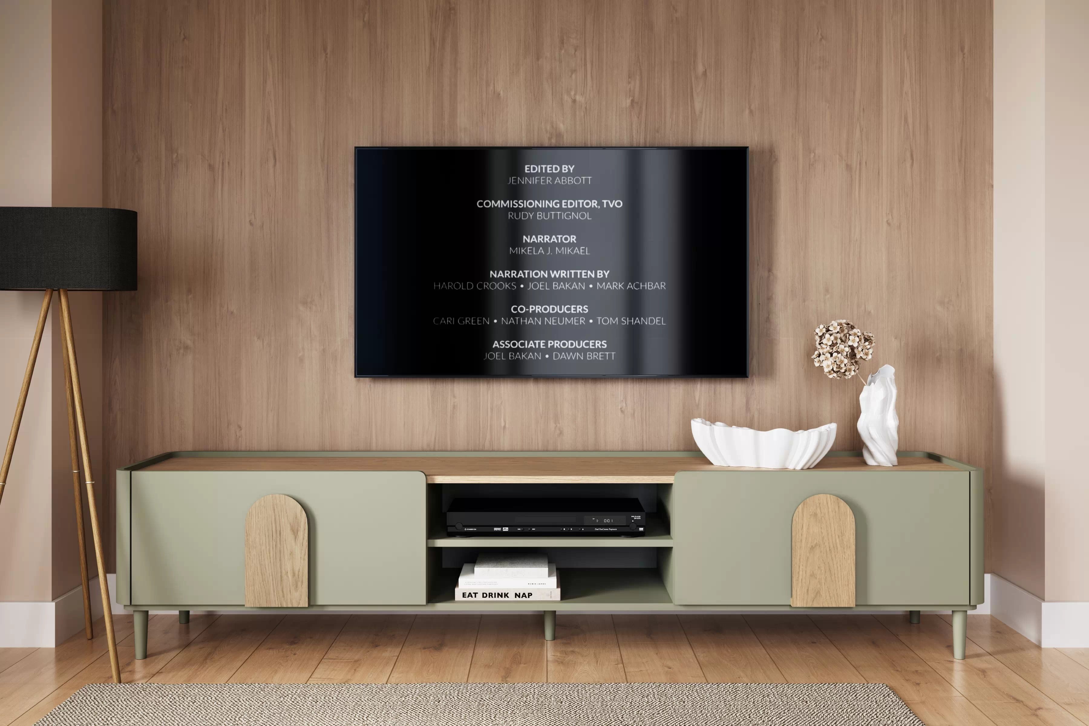 TV stolík Amilio 220 cm na nožičkách - eukalyptus / dub baltic dune / dub prírodný TV skrinka Amilio 220 cm z szuflada na nôžkach - eukaliptus / Dub baltic dune / úchyty Dub prírodné