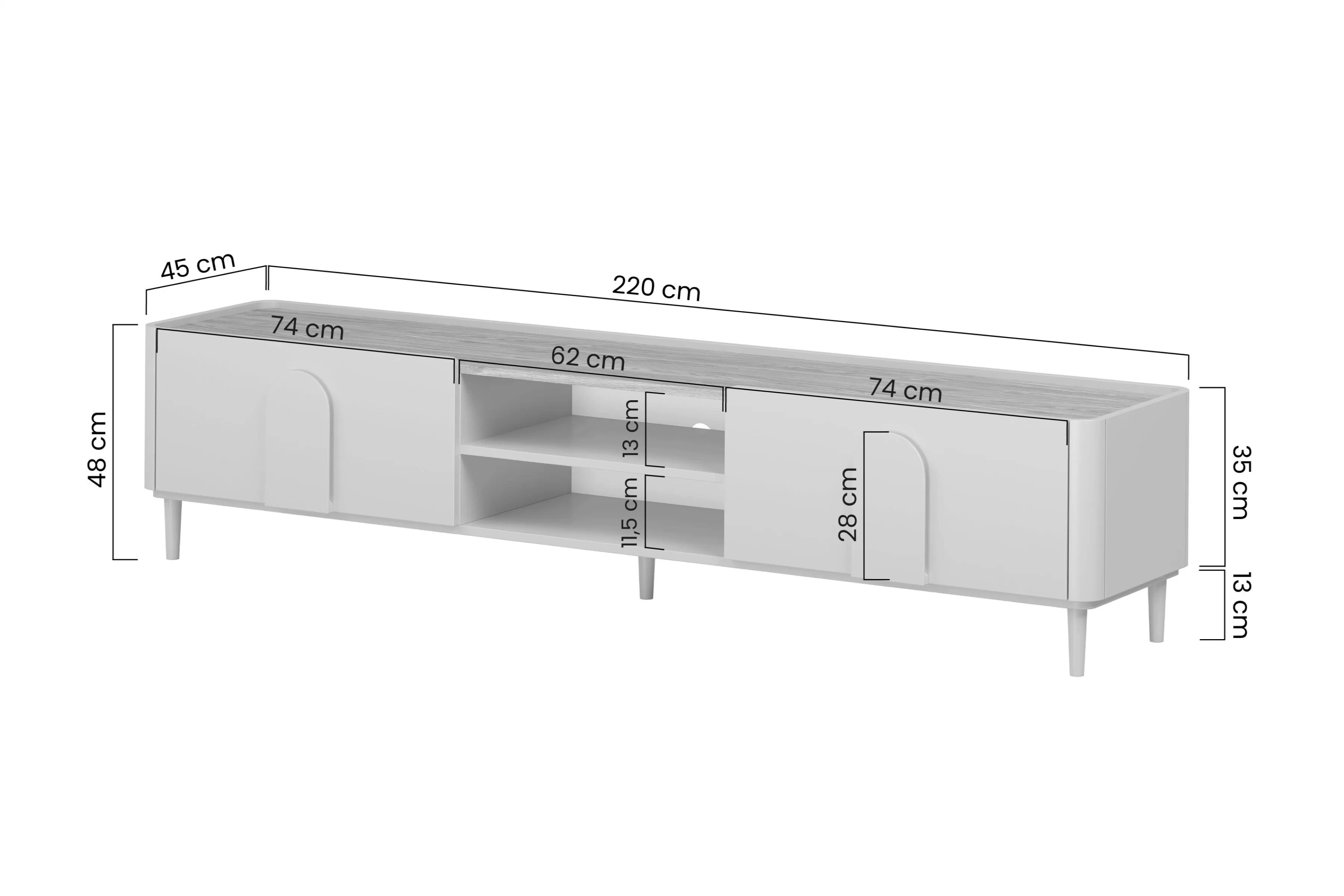 TV stolík Amilio 220 cm na nožičkách - eukalyptus / dub baltic dune / dub prírodný TV skrinka Amilio 220 cm z szuflada na nôžkach - eukaliptus / Dub baltic dune / úchyty Dub prírodné