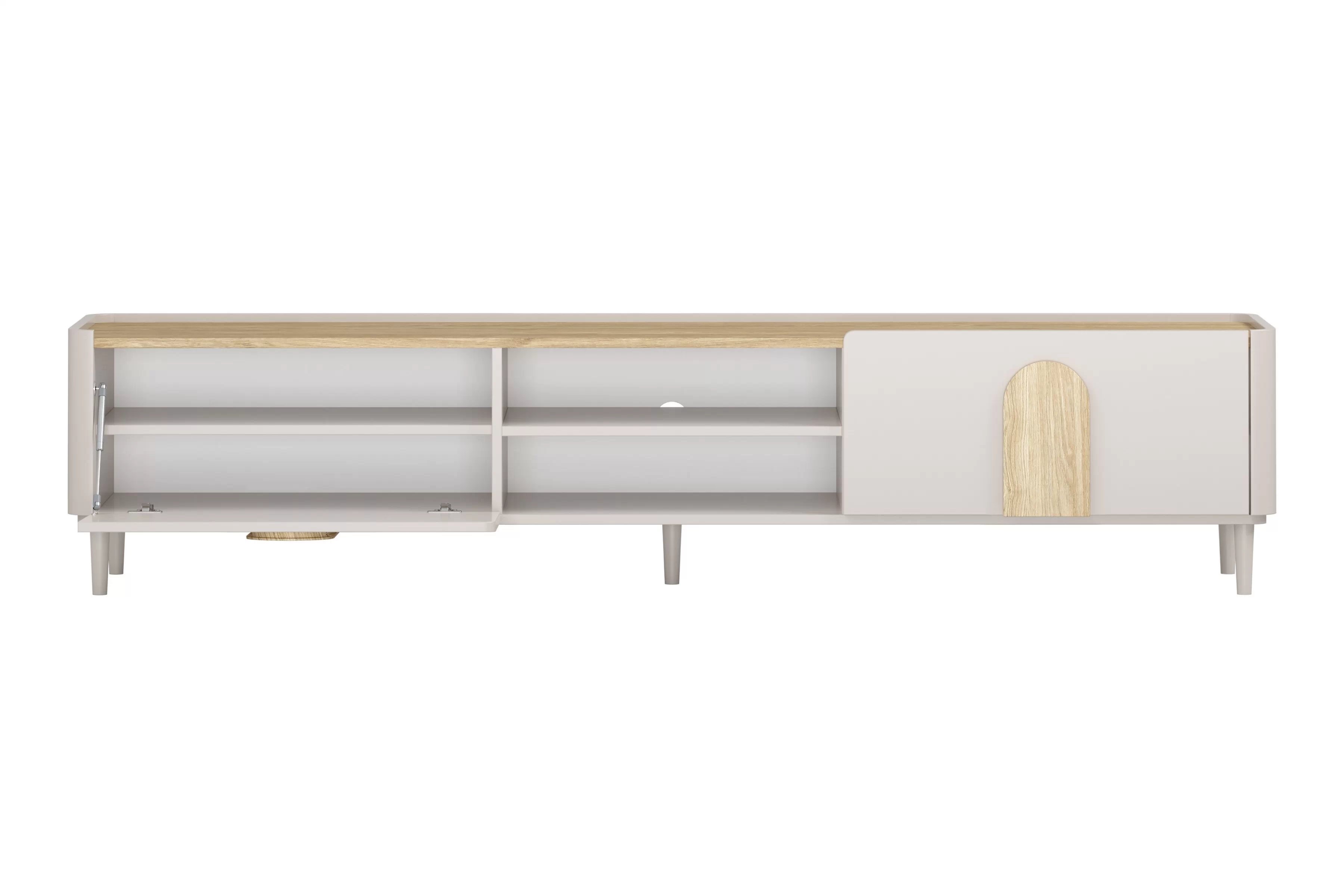 TV stolík Amilio 220 cm na nožičkách - kašmírová / dub olejovaný / dub svetlý TV skrinka Amilio 220 cm z szuflada na nôžkach - kašmír / Dub olejowany / úchyty Svetlý dub