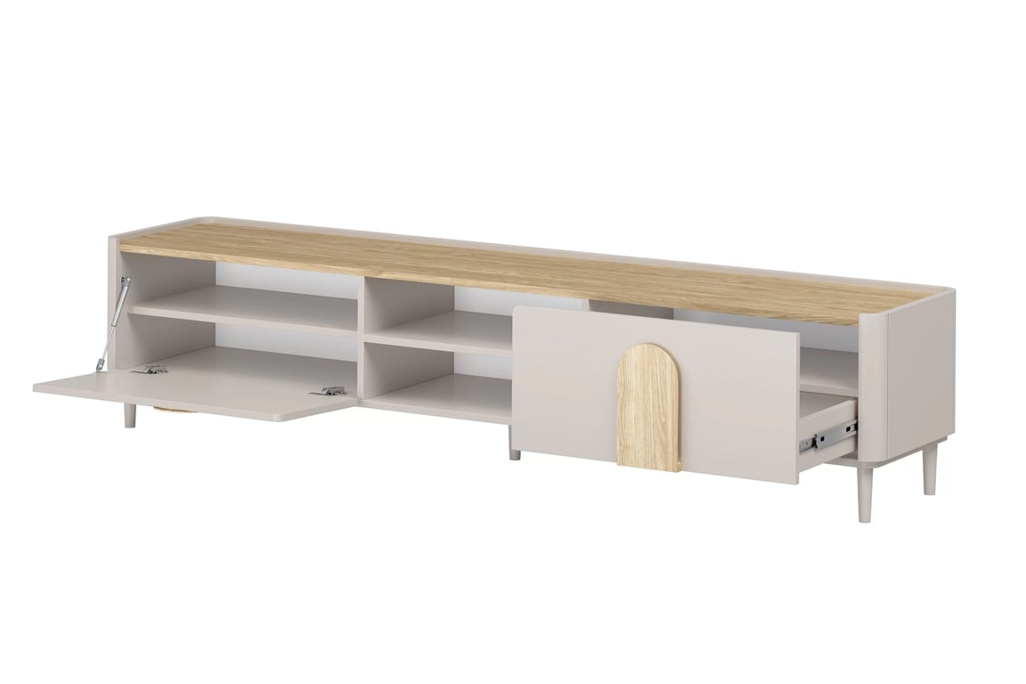 TV stolek Amilio 220 cm se zásuvkou - kašmír / dub olejovaný / úchyty dub světlý skříňka RTV Amilio 220 cm z szuflada na nožkách - kašmír / dub olejowany / Úchytky světlý dub