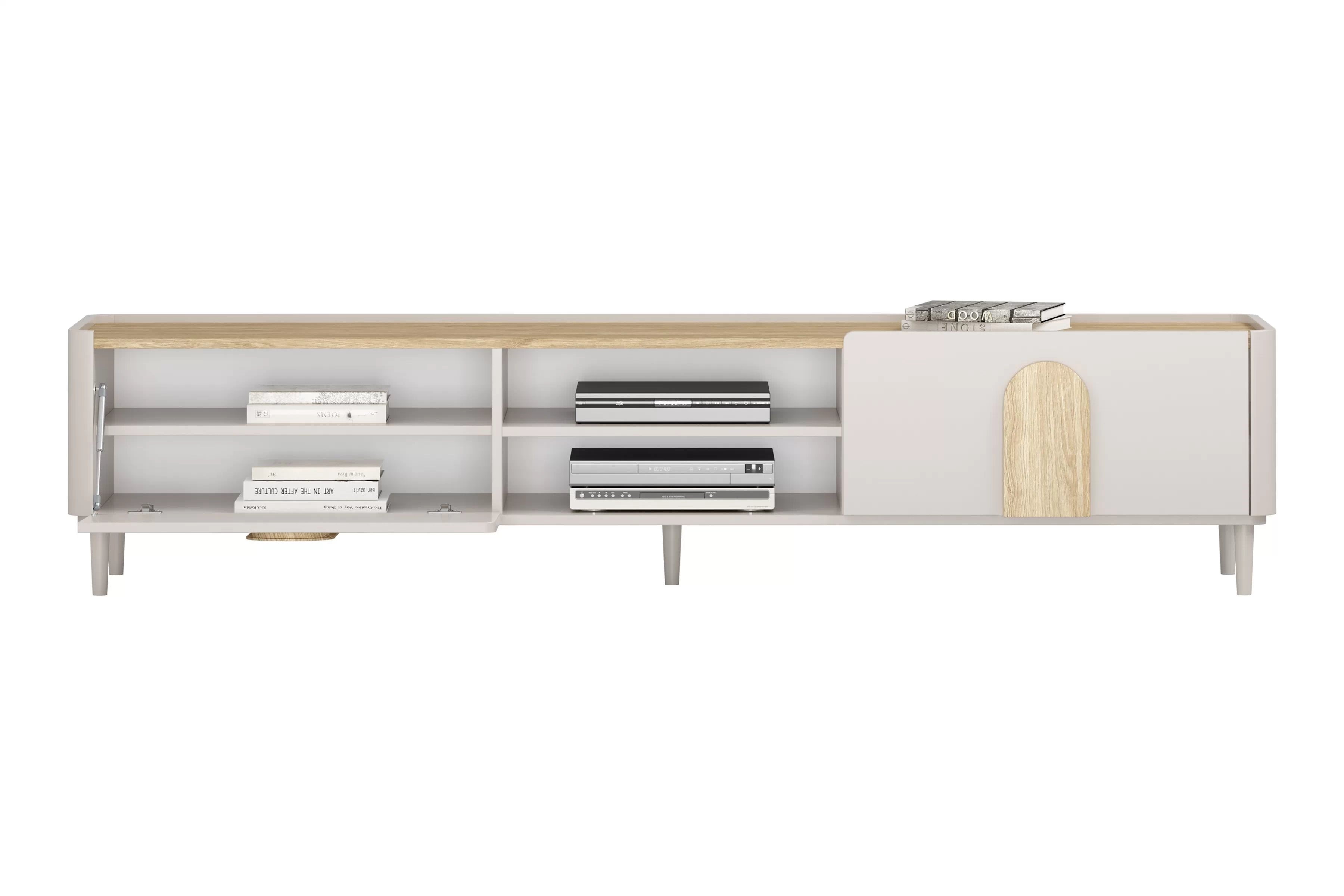 TV stolík Amilio 220 cm na nožičkách - kašmírová / dub olejovaný / dub svetlý TV skrinka Amilio 220 cm z szuflada na nôžkach - kašmír / Dub olejowany / úchyty Svetlý dub