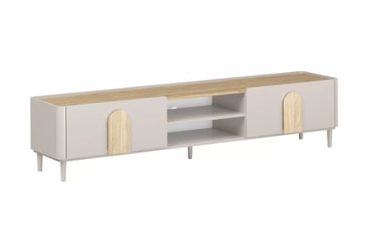 Moderní TV skříňka Amilio 220 cm s šuplíkem na nožkách - kašmír / olejovaný dub / úchyty světlý dub