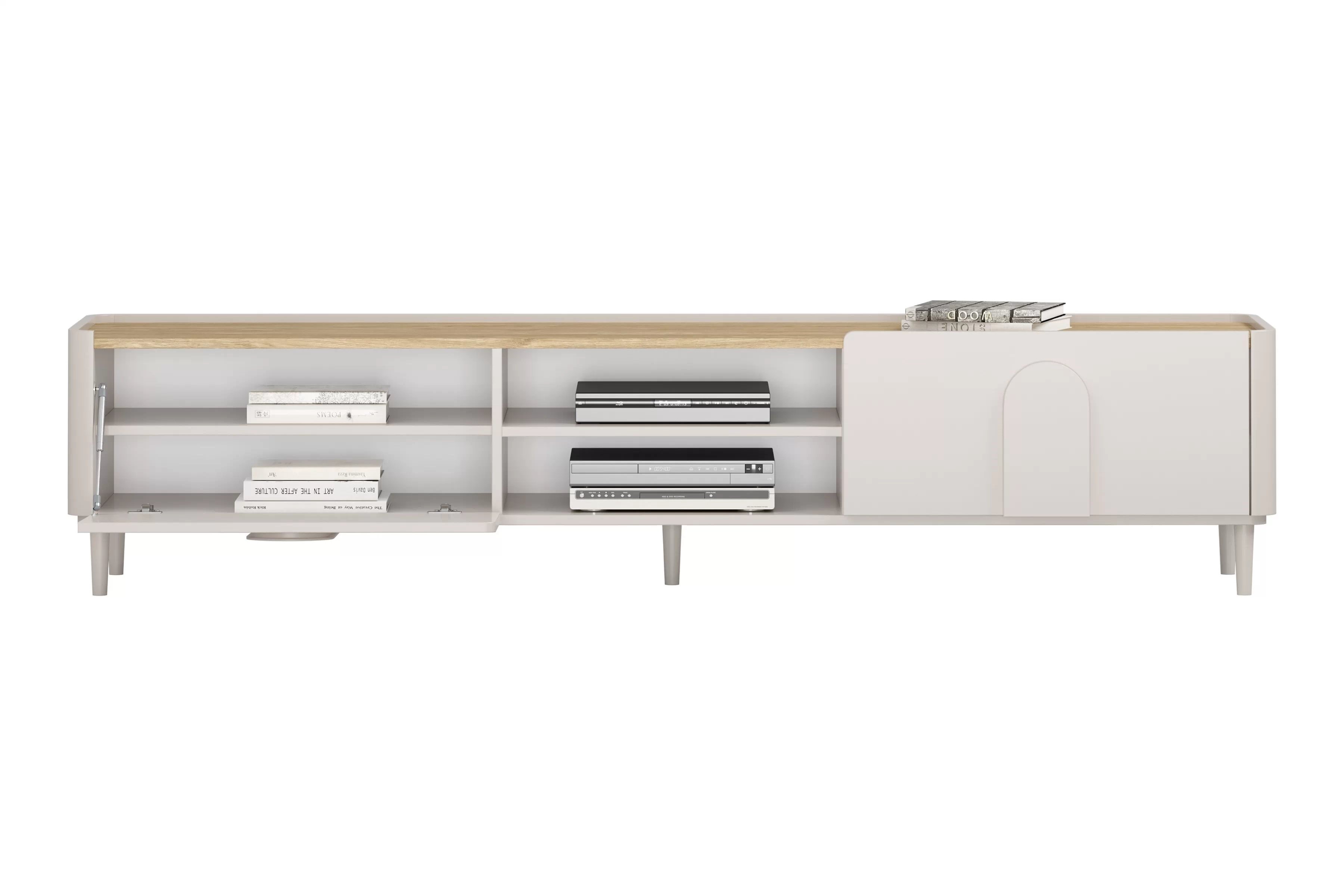 TV stolík Amilio 220 cm na nožičkách - kašmírová / dub olejovaný TV skrinka Amilio 220 cm z szuflada na nôžkach - kašmír / Dub olejowany / úchyty kašmír