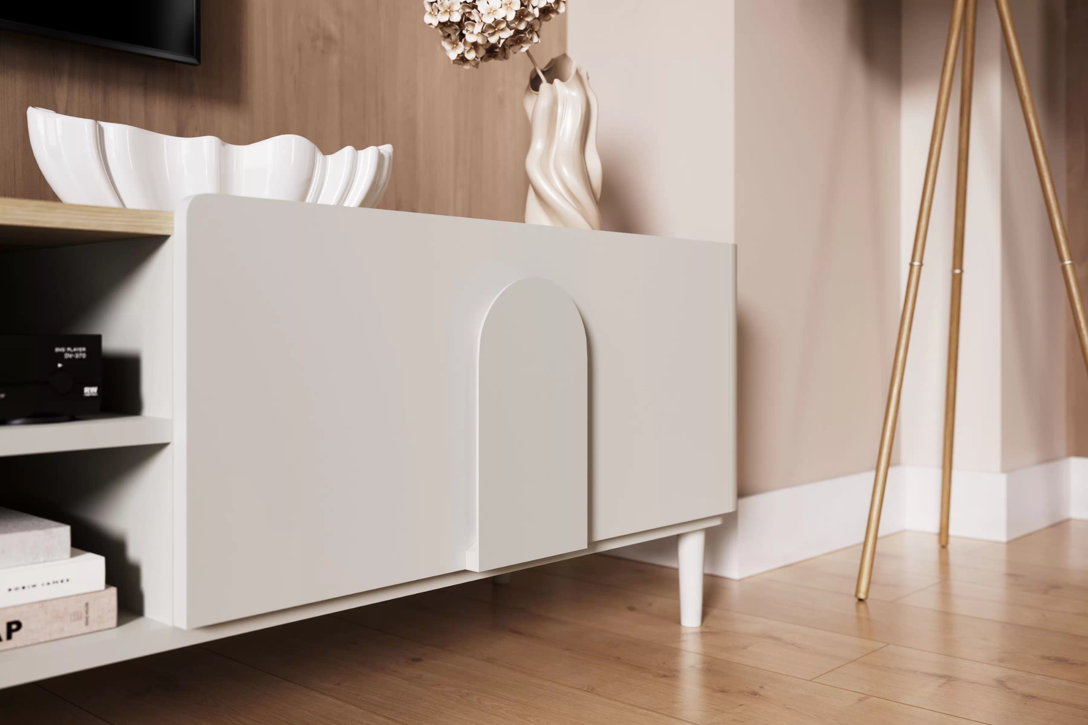 TV stolík Amilio 220 cm na nožičkách - kašmírová / dub olejovaný TV skrinka Amilio 220 cm z szuflada na nôžkach - kašmír / Dub olejowany / úchyty kašmír