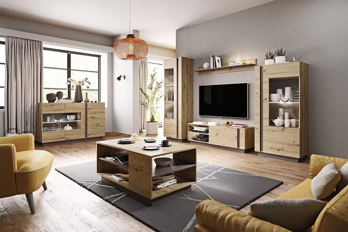 TV skrinka Arcano z uchylnym frontem 138 cm - Dub artisan/šedý grafit - Koncovka Série TV skrinka Arcano z uchylnym frontem 138 cm - Dub artisan/šedý grafit