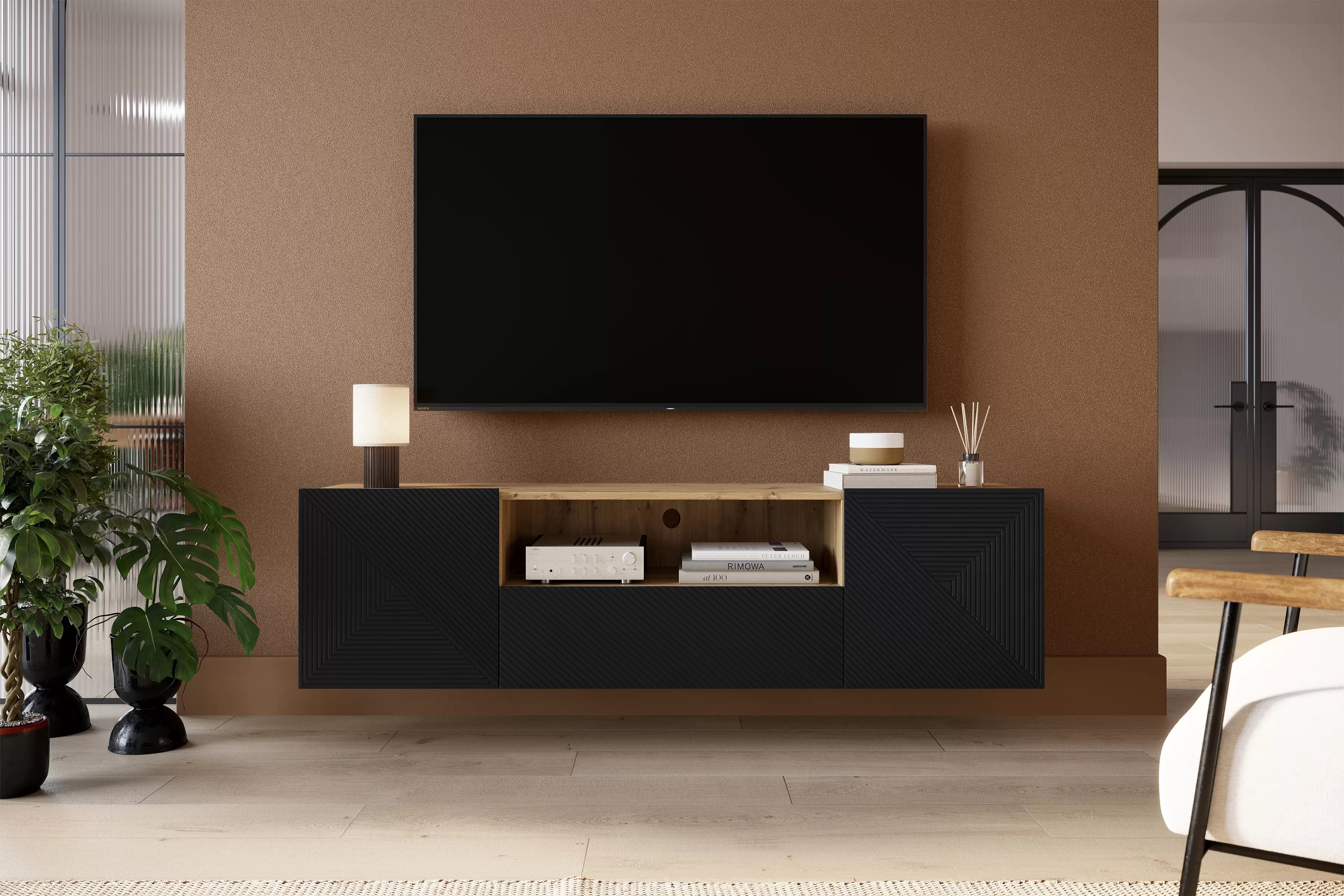 Závěsná TV skříňka Asha 167 cm se zásuvkou a otevřenou policí - artisan / černý mat Skříňka RTV Asha 167 cm závěsná z szuflada i wneka - artisan / černá mat