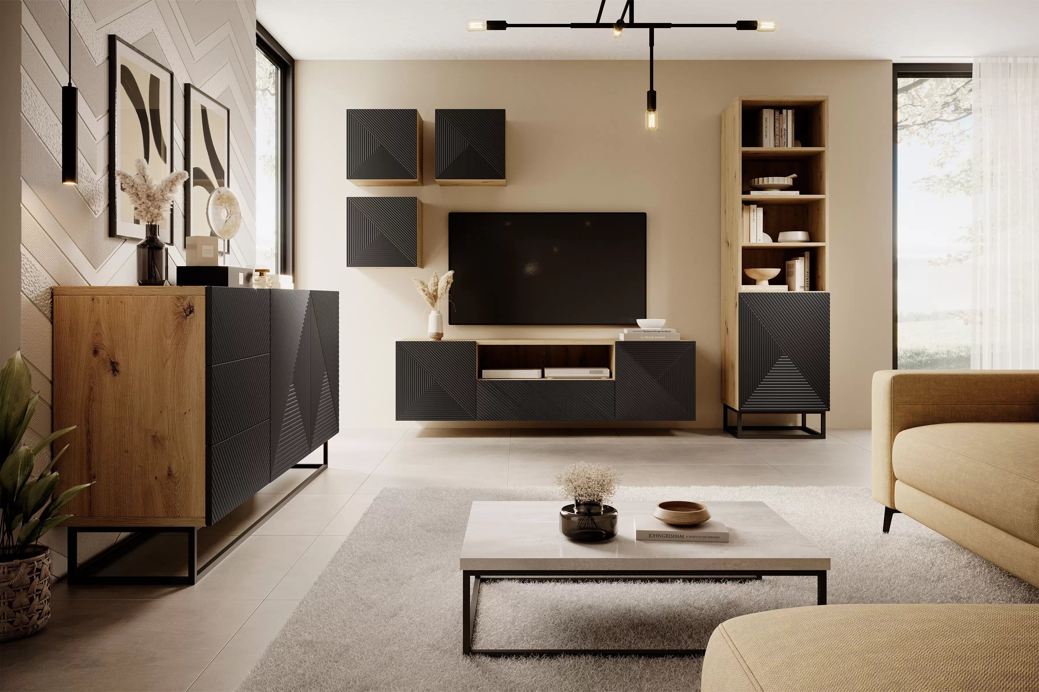 Závěsná TV skříňka Asha 167 cm se zásuvkou a otevřenou policí - artisan / černý mat Skříňka RTV Asha 167 cm závěsná z szuflada i wneka - artisan / černá mat