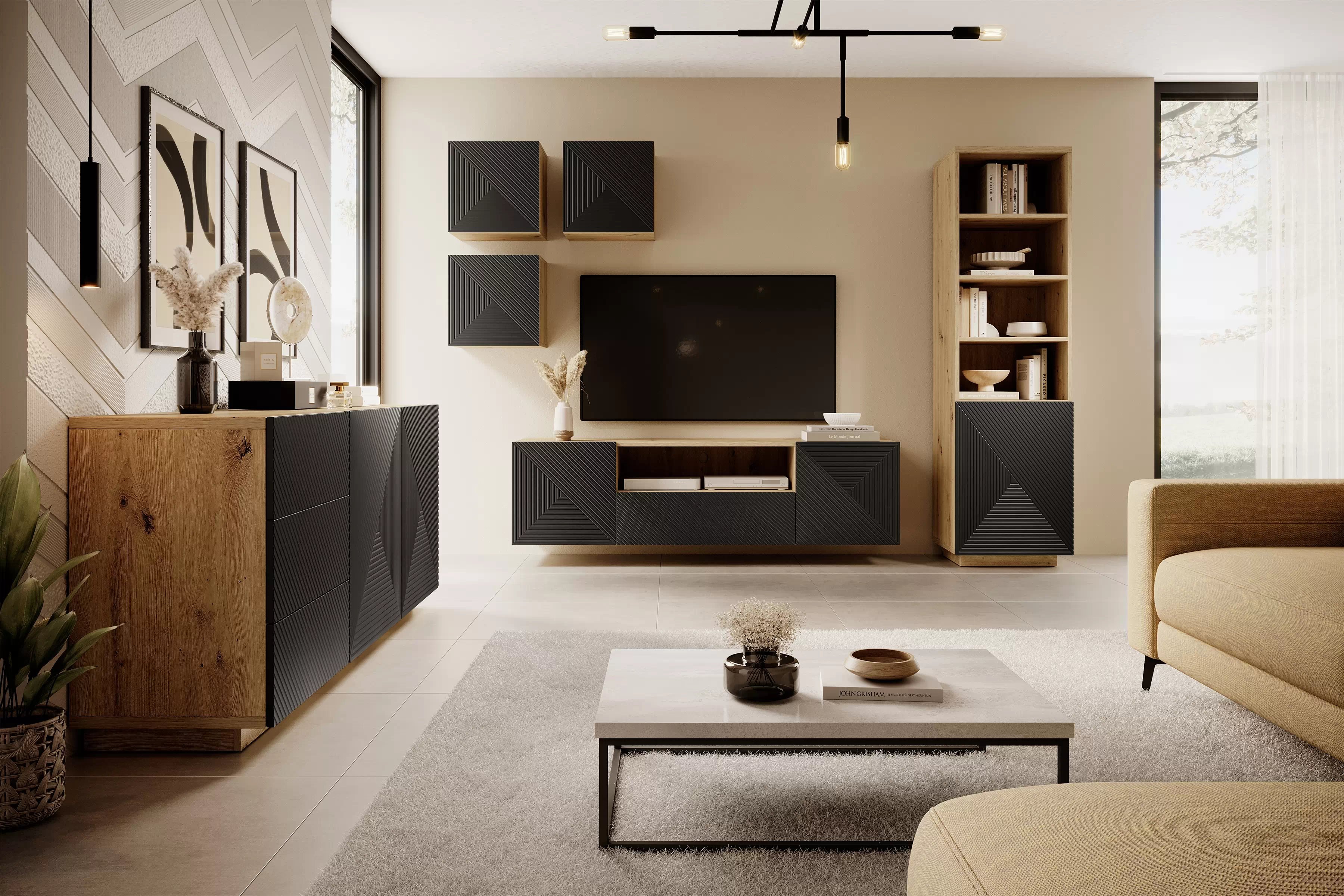 Závěsná TV skříňka Asha 167 cm se zásuvkou a otevřenou policí - artisan / černý mat Skříňka RTV Asha 167 cm závěsná z szuflada i wneka - artisan / černá mat