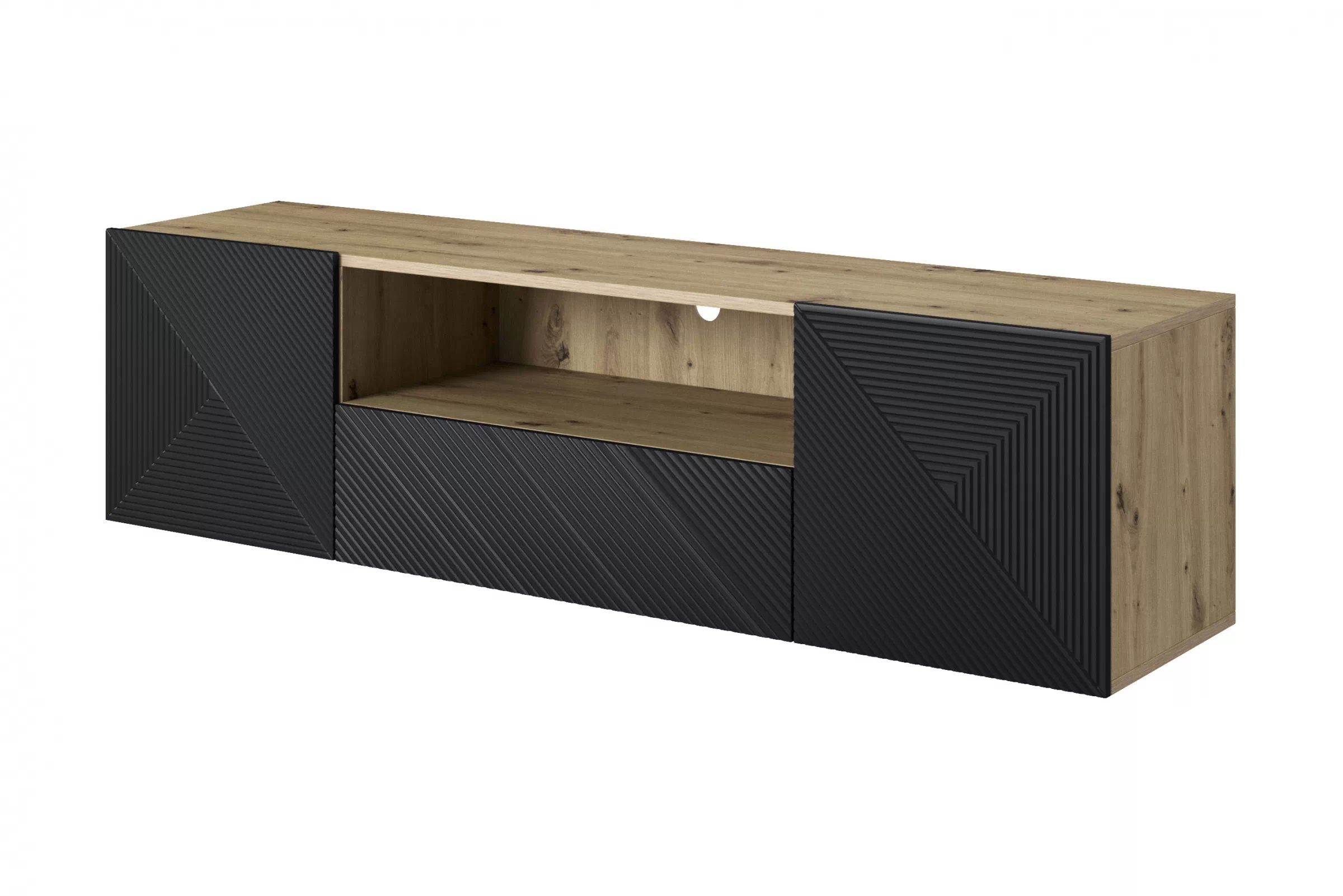 Závěsná TV skříňka Asha 167 cm se zásuvkou a otevřenou policí - artisan / černý mat skříňka RTV Asha 167 cm závěsná z szuflada i wneka - artisan / černá mat