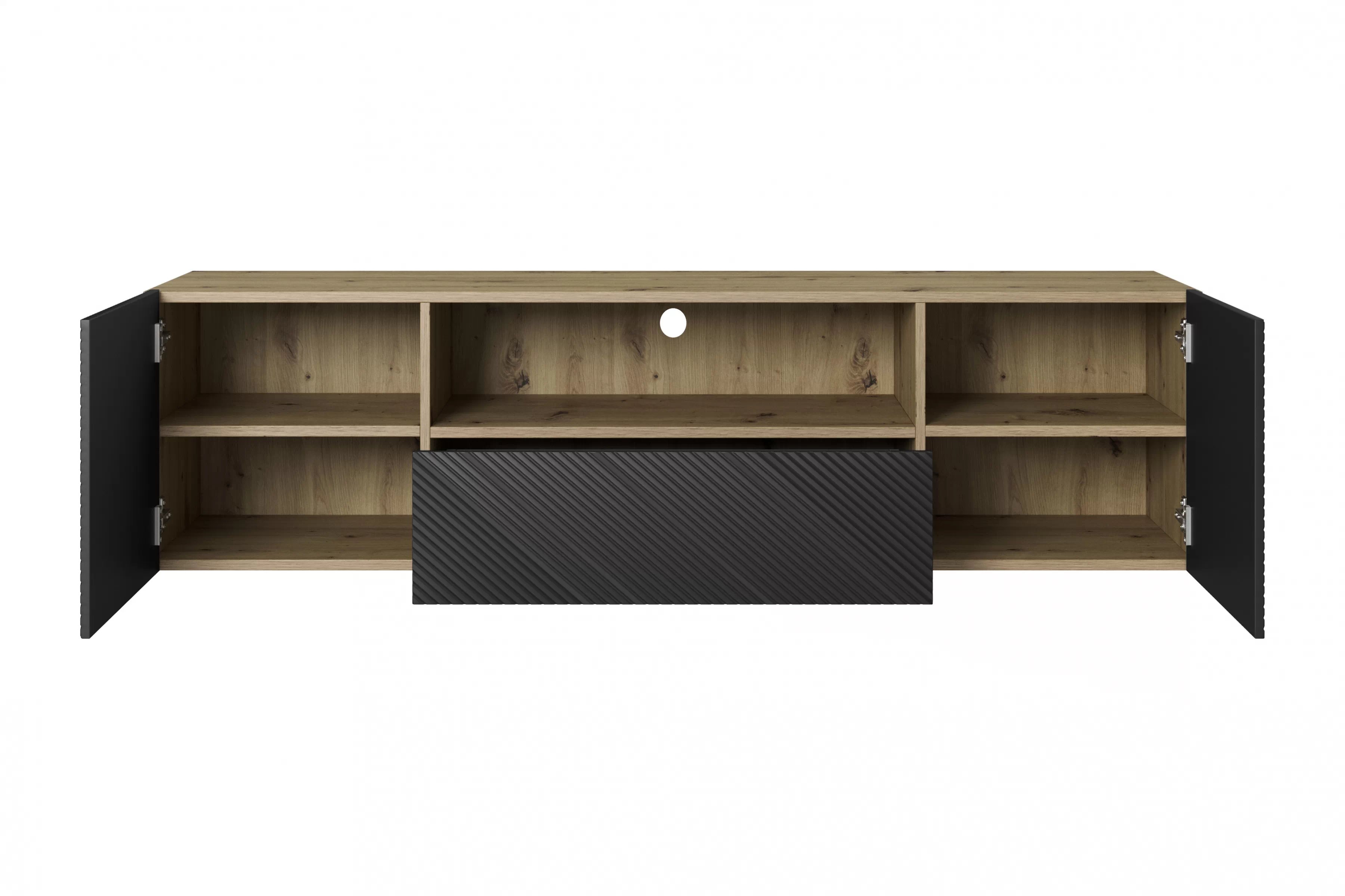 Závěsná TV skříňka Asha 167 cm se zásuvkou a otevřenou policí - artisan / černý mat skříňka RTV Asha 167 cm závěsná z szuflada i wneka - artisan / černá mat