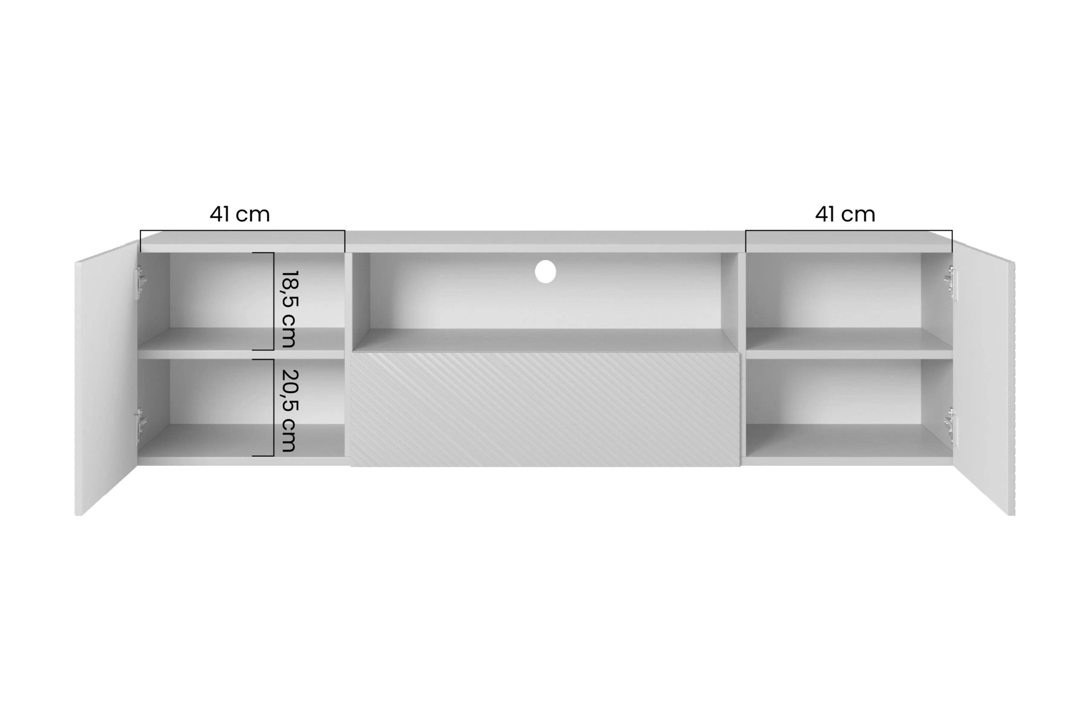 Závesný TV stolík Asha 167 cm s otvorenou policou - čierny mat TV skrinka Asha 167 cm závesná z szuflada i wneka - Čierny mat