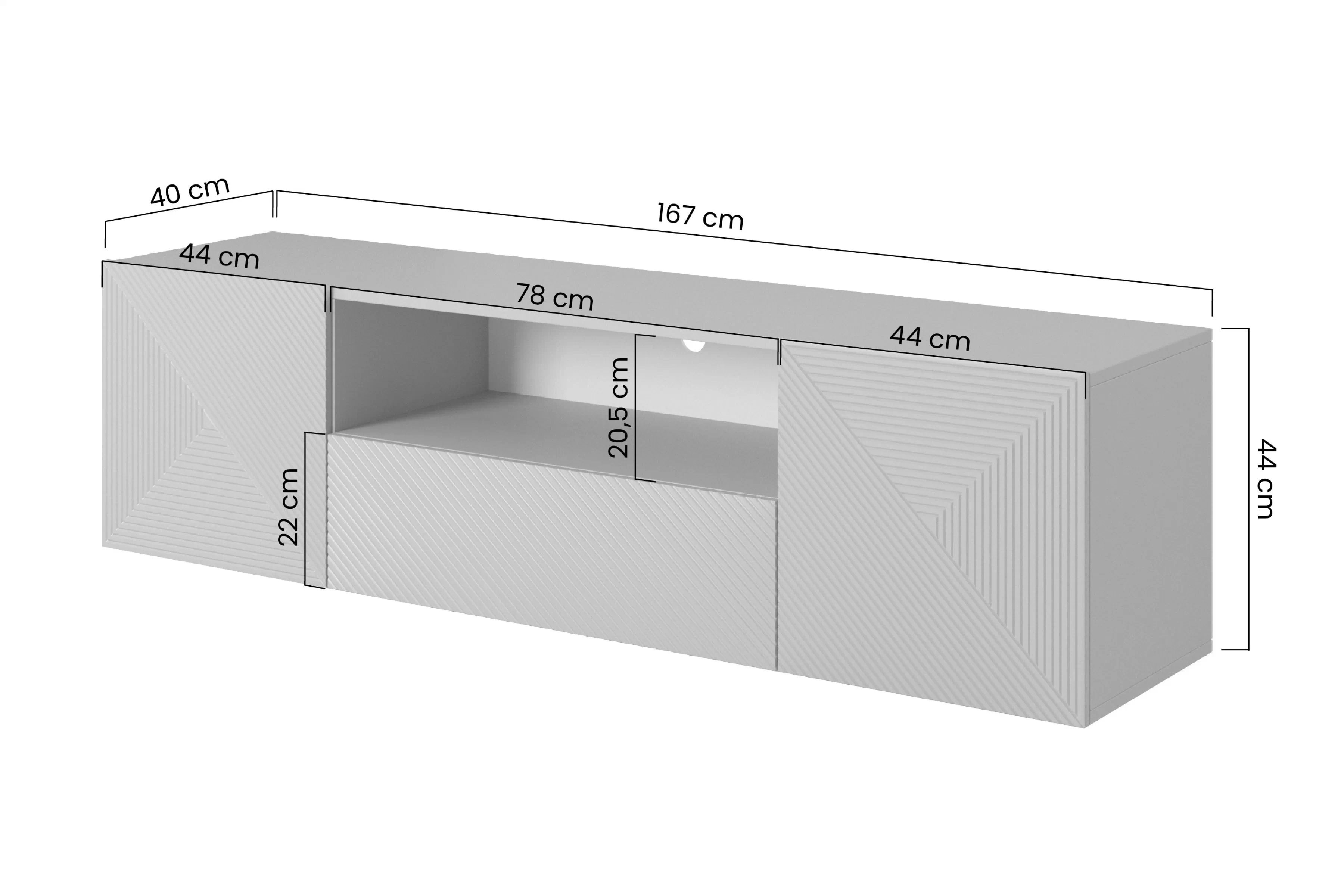 Závesný TV stolík Asha 167 cm s otvorenou policou - čierny mat TV skrinka Asha 167 cm závesná z szuflada i wneka - Čierny mat
