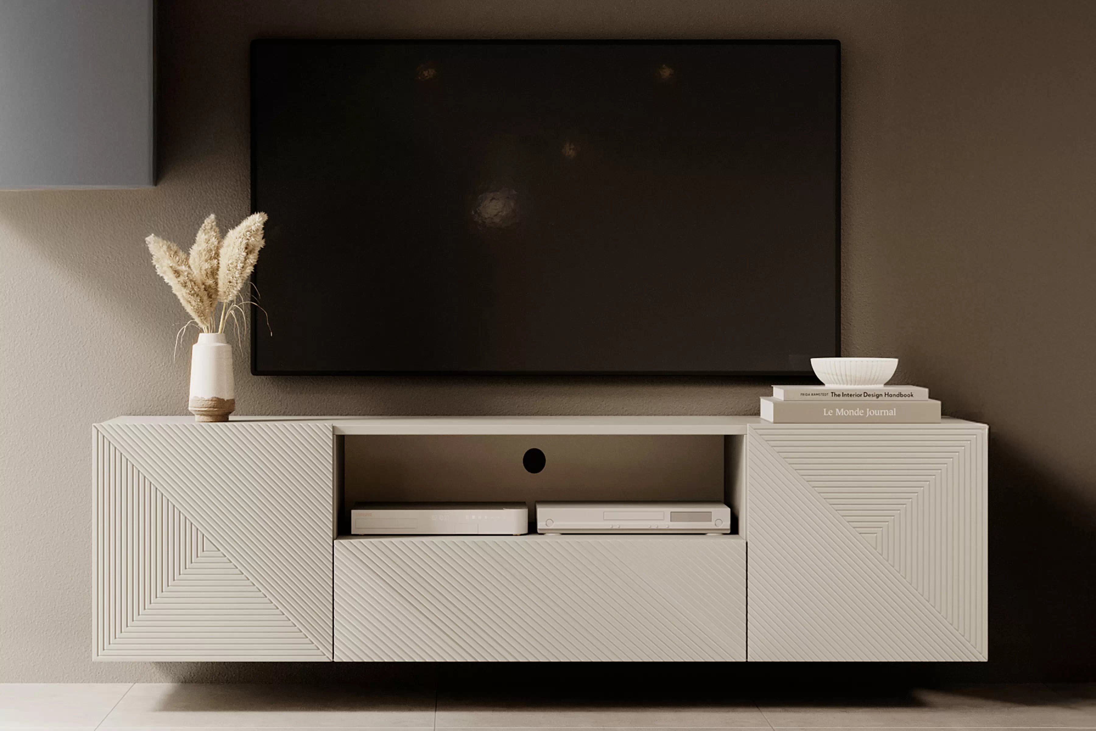 Závesný TV stolík Asha 167 cm s otvorenou policou - kašmírová TV skrinka Asha 167 cm závesná z szuflada i wneka - kašmír