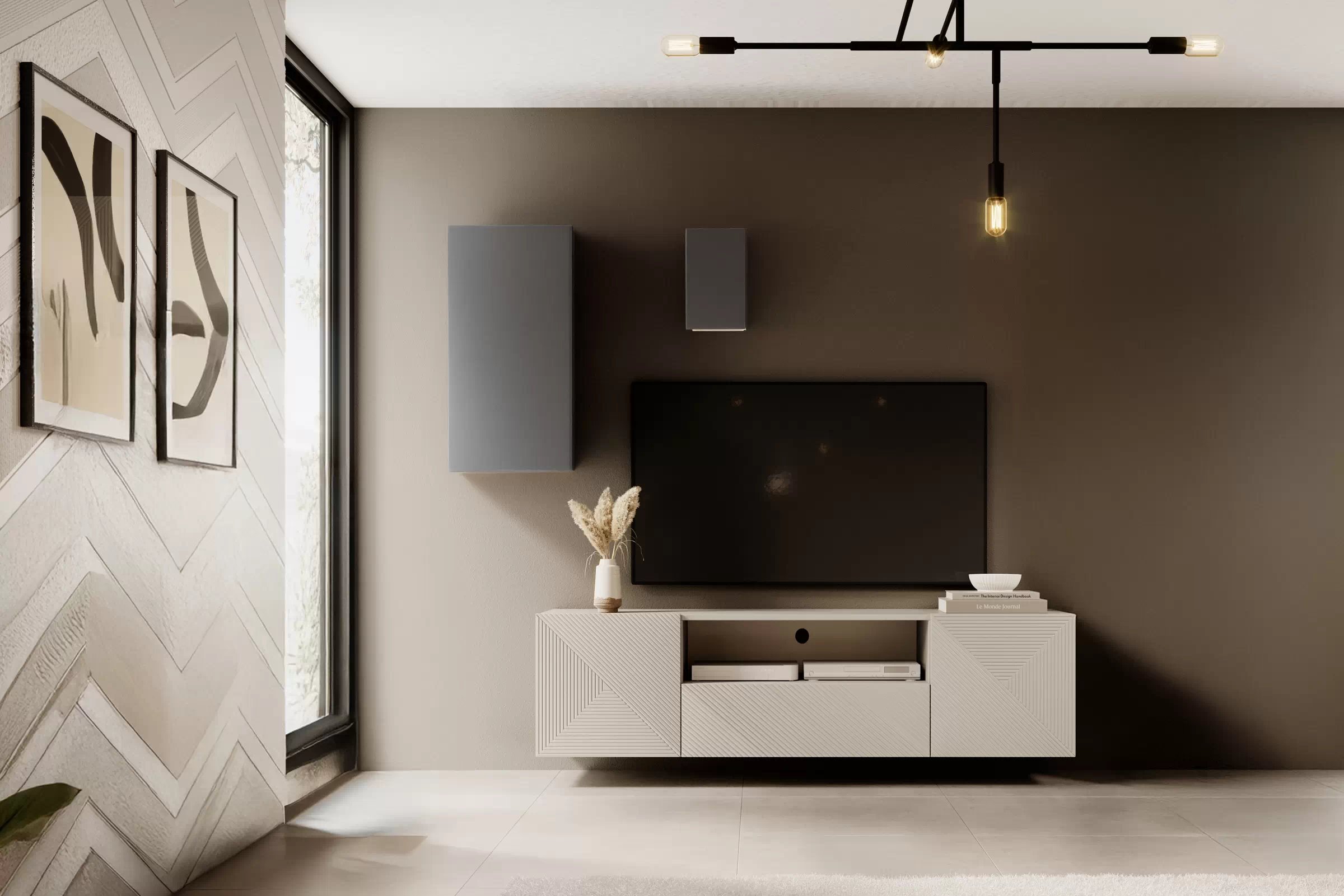 Závesný TV stolík Asha 167 cm s otvorenou policou - kašmírová TV skrinka Asha 167 cm závesná z szuflada i wneka - kašmír