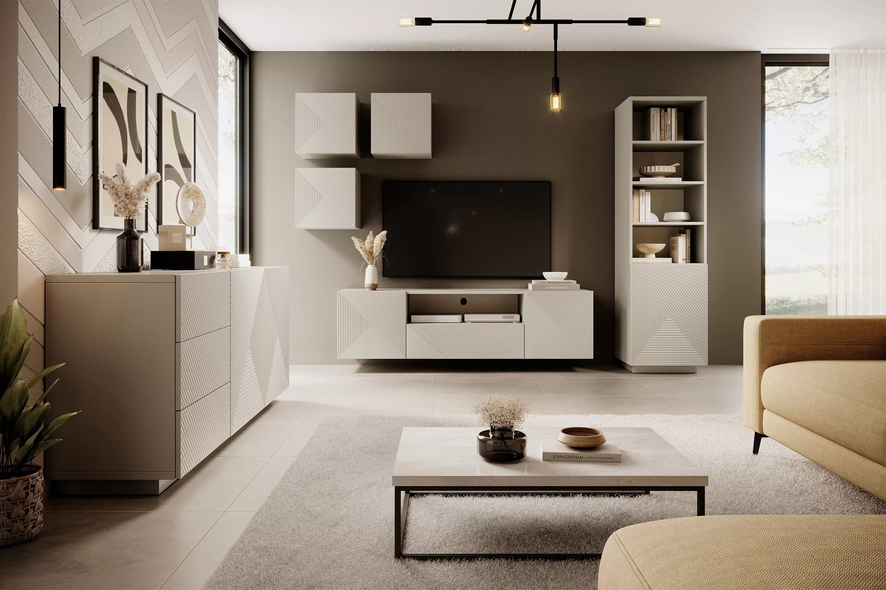 Závesný TV stolík Asha 167 cm s otvorenou policou - kašmírová TV skrinka Asha 167 cm závesná z szuflada i wneka - kašmír