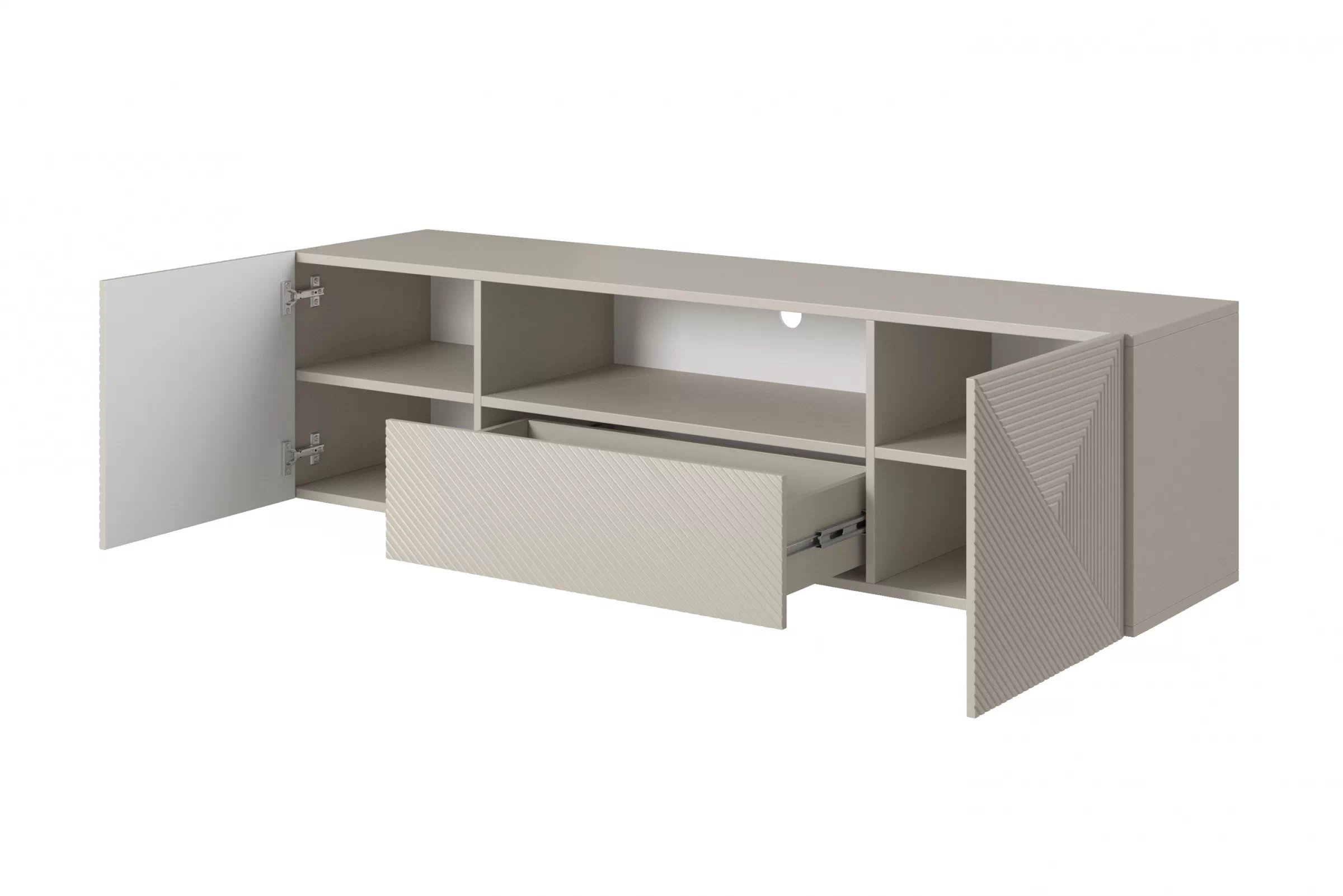 Závesný TV stolík Asha 167 cm s otvorenou policou - kašmírová TV skrinka Asha 167 cm závesná z szuflada i wneka - kašmír