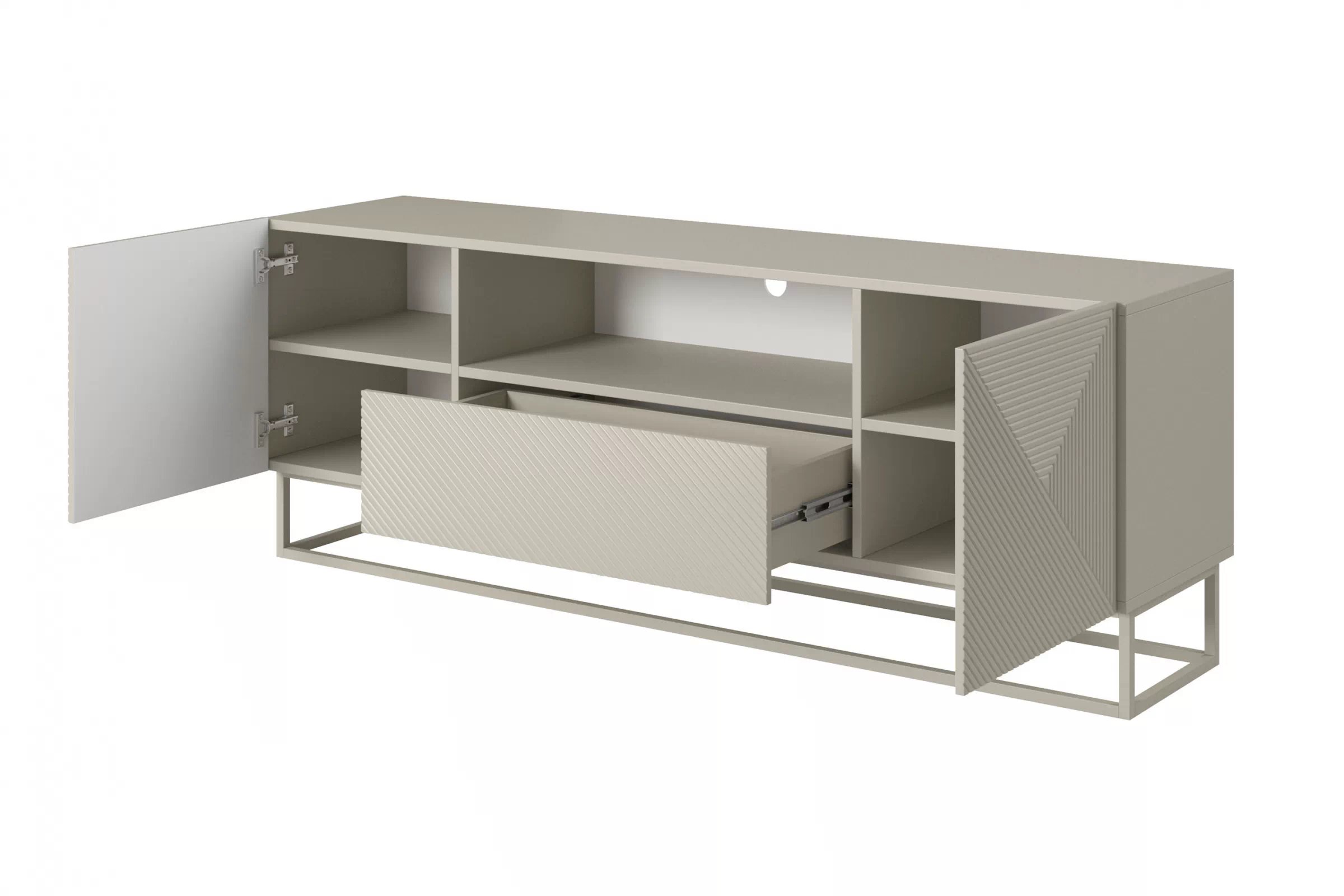 TV stolík Asha 167 cm na kašmírovom podstavci s otvorenou policou - kašmírová TV skrinka Asha 167 cm z szuflada i metalowym kaszmirowym stelazem - kašmír