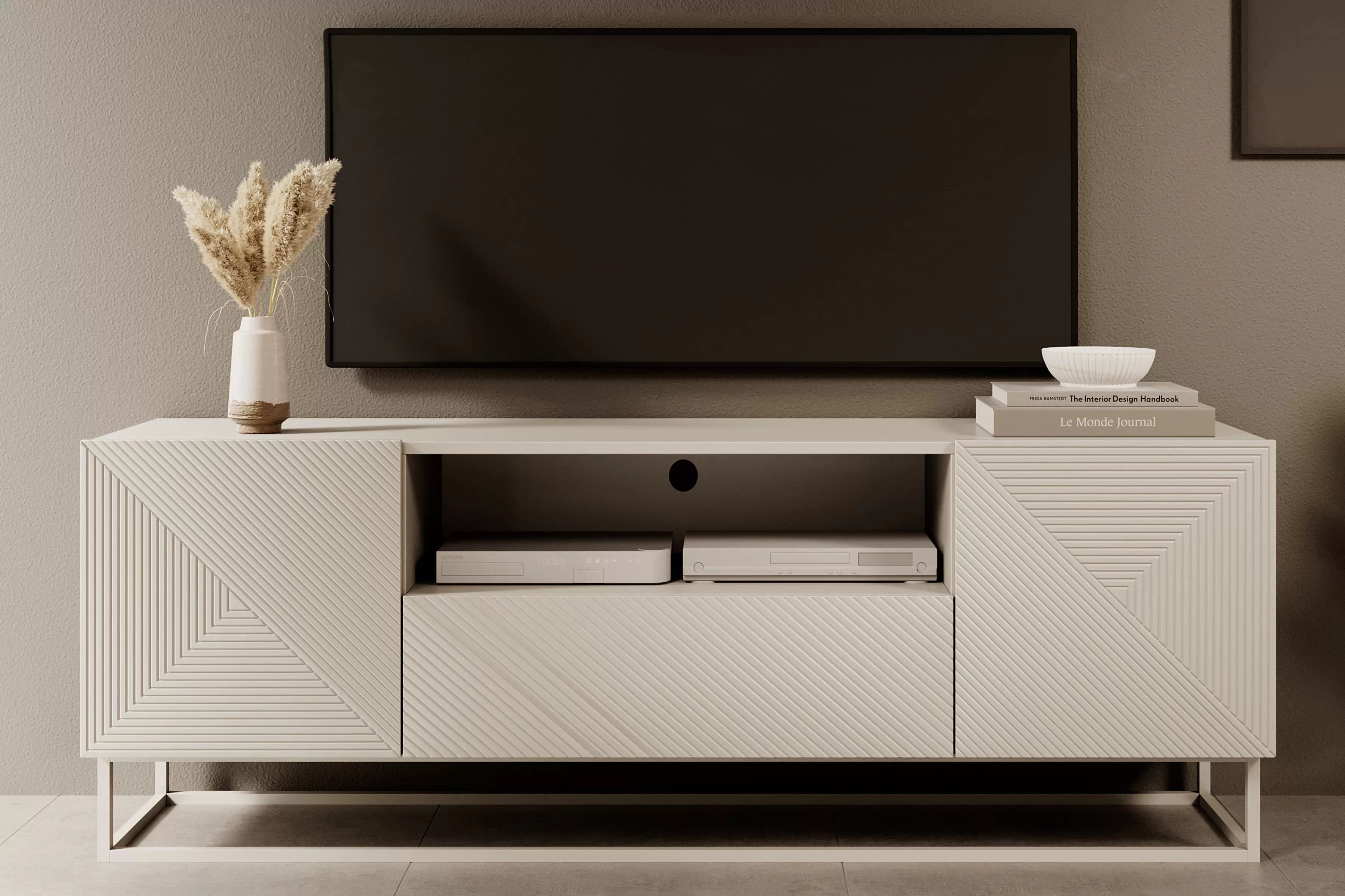 TV stolík Asha 167 cm na kašmírovom podstavci s otvorenou policou - kašmírová TV skrinka Asha 167 cm z szuflada i metalowym kaszmirowym stelazem - kašmír