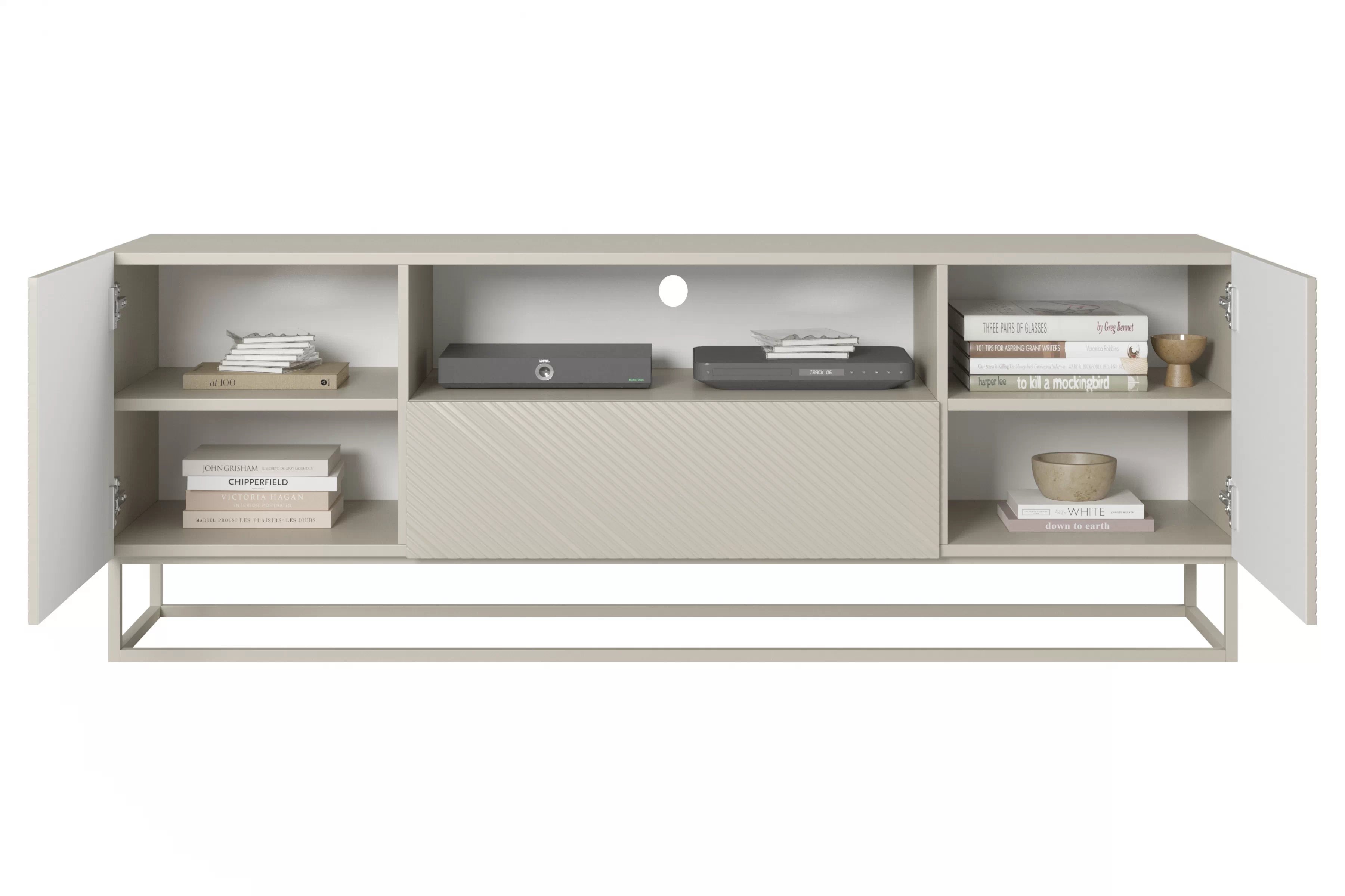 TV stolík Asha 167 cm na kašmírovom podstavci s otvorenou policou - kašmírová TV skrinka Asha 167 cm z szuflada i metalowym kaszmirowym stelazem - kašmír