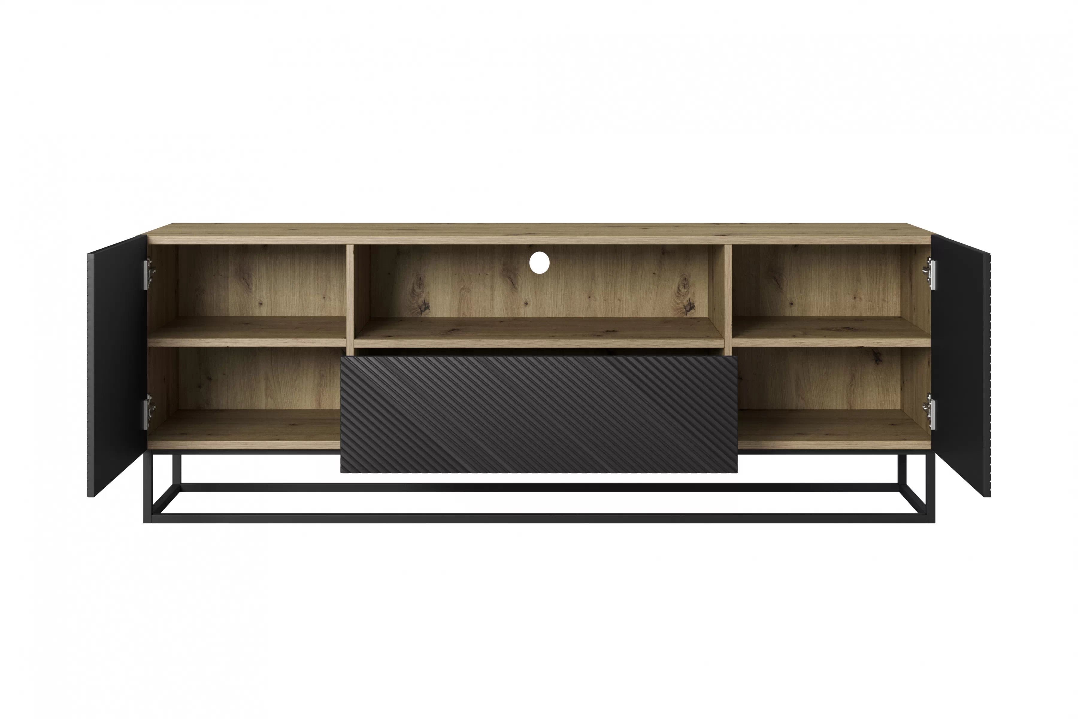 TV stolek Asha 167 cm se zásuvkou a kovovou konstrukcí - artisan / černý mat skříňka RTV Asha 167 cm z szuflada i metalowym stelazem - artisan / černá mat
