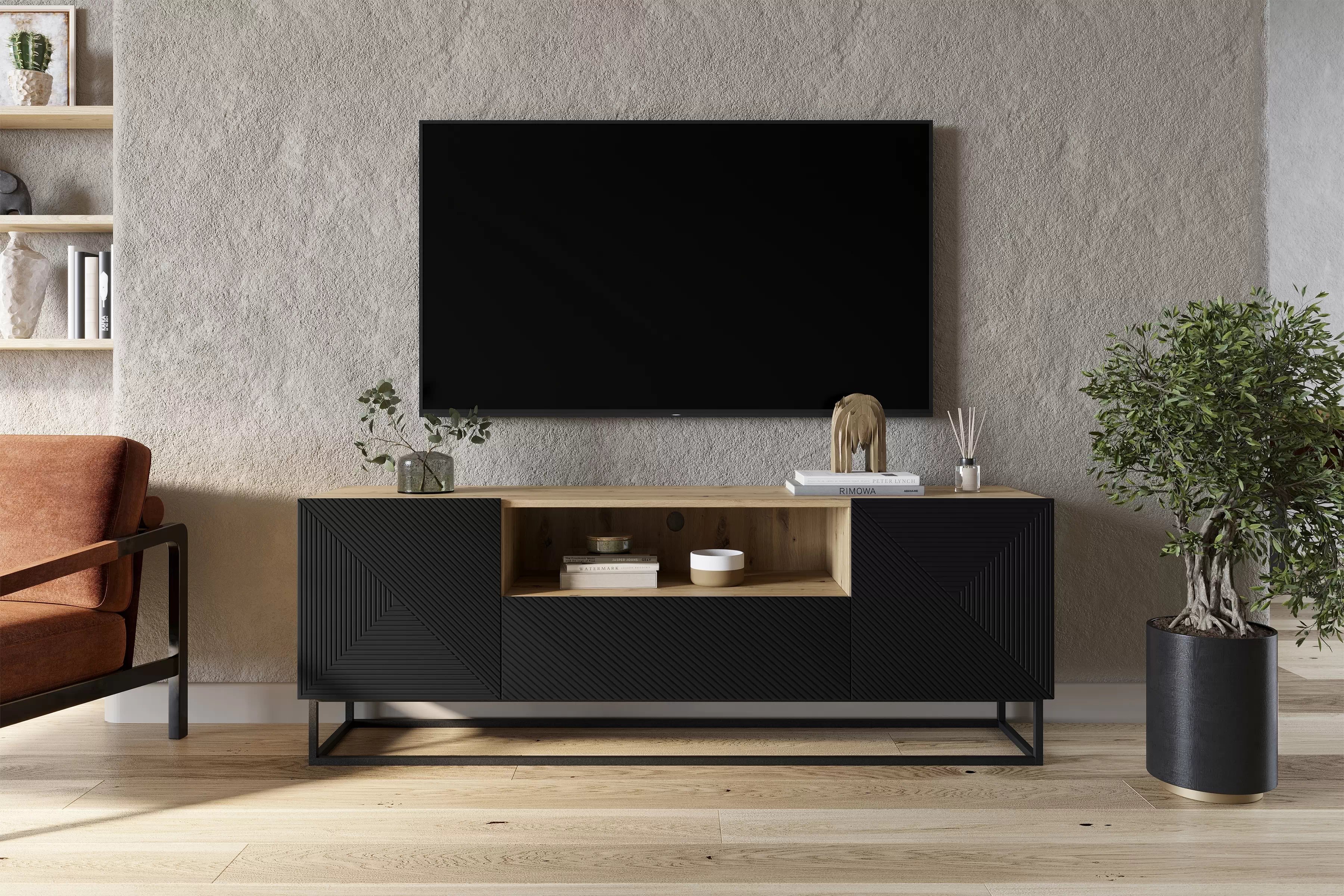 TV stolek Asha 167 cm se zásuvkou a kovovou konstrukcí - artisan / černý mat Skříňka RTV Asha 167 cm z szuflada i metalowym stelazem - artisan / černá mat