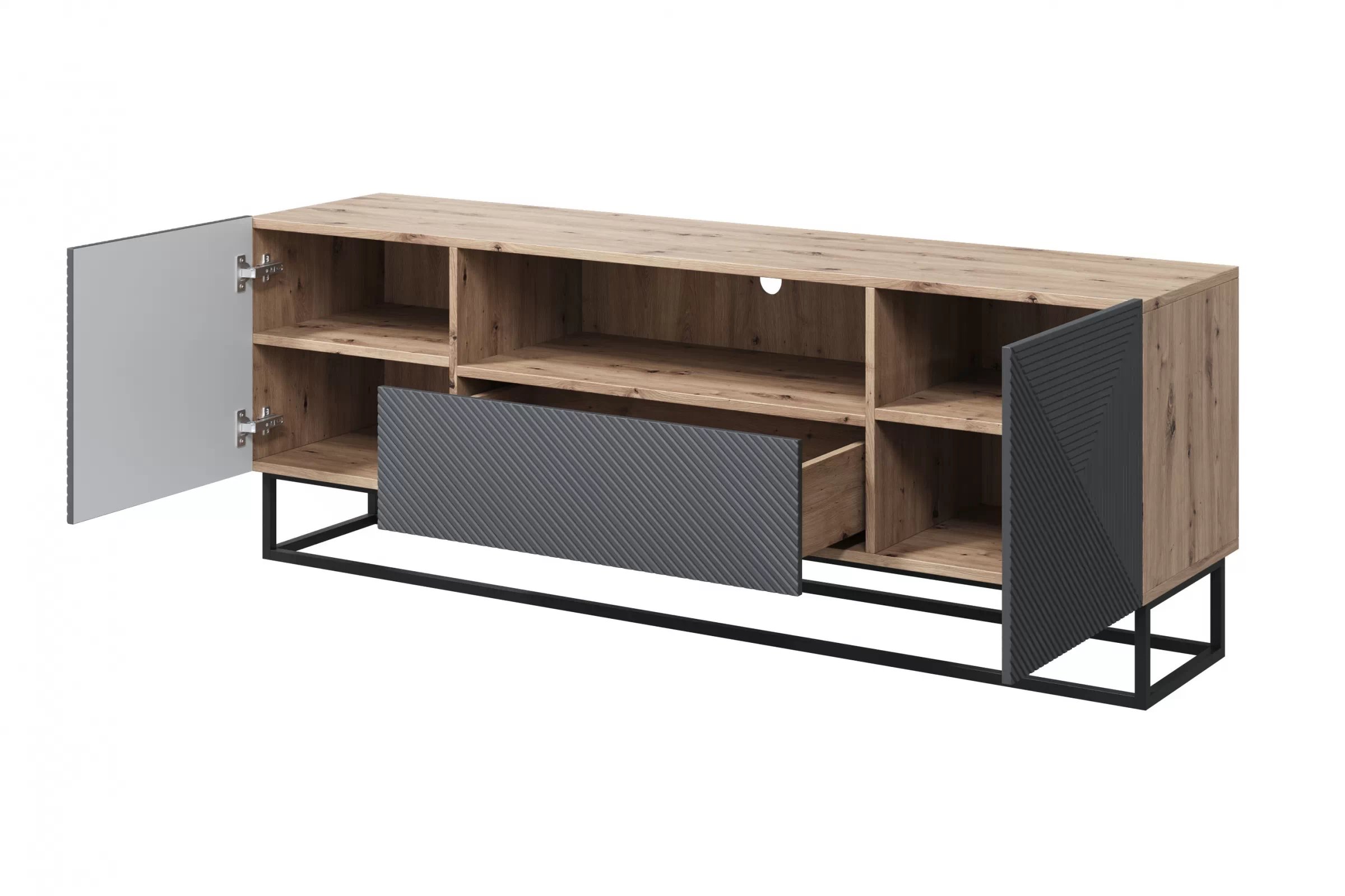 TV stolík Asha 167 cm so zásuvkou a kovovou podnožou - artisan / rivier stone mat TV skrinka Asha 167 cm z szuflada i metalowym stelazem - artisan / rivier stone mat