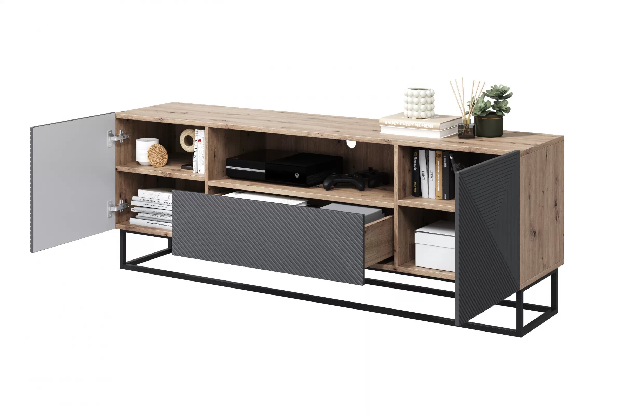 TV stolík Asha 167 cm so zásuvkou a kovovou podnožou - artisan / rivier stone mat TV skrinka Asha 167 cm z szuflada i metalowym stelazem - artisan / rivier stone mat