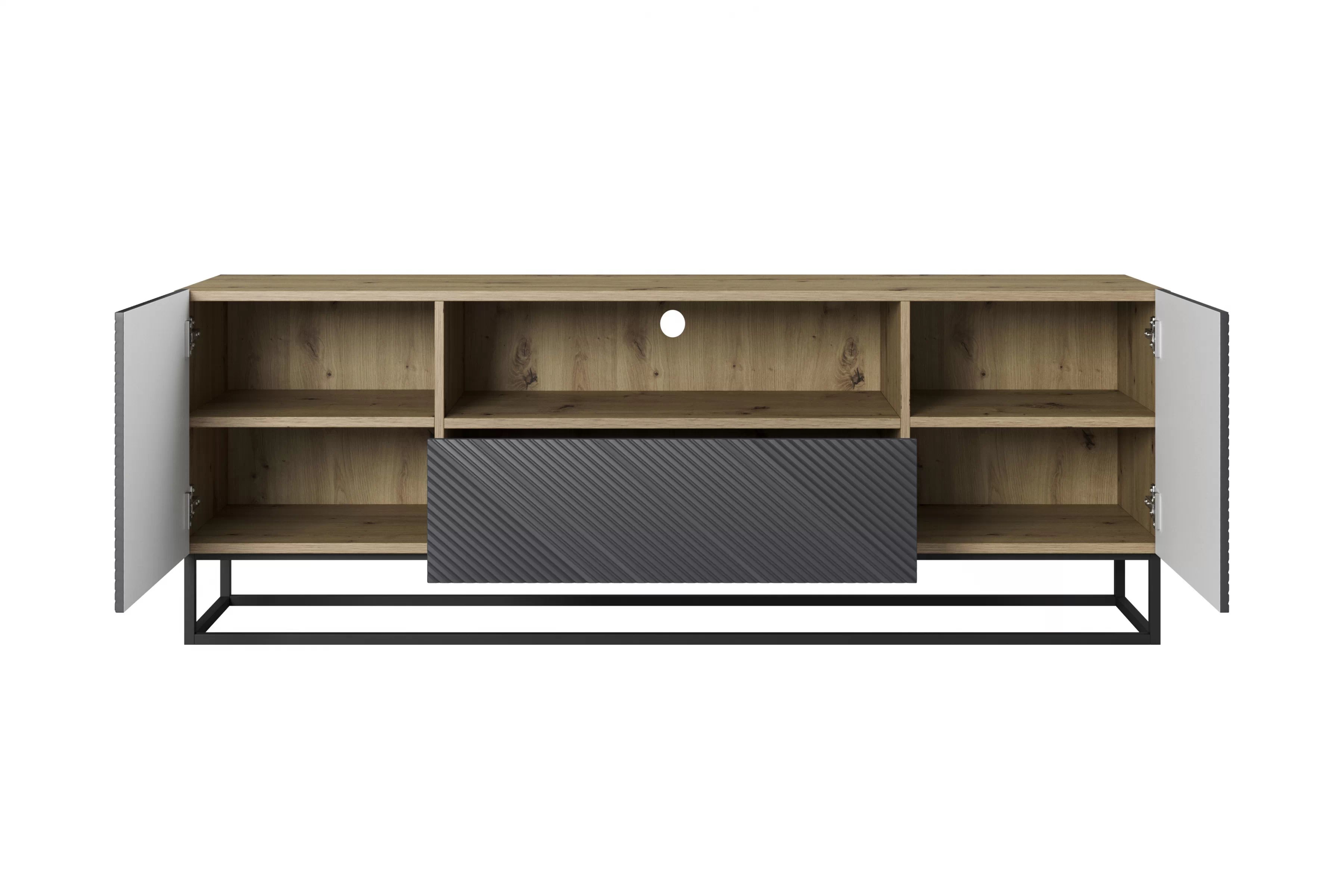 TV stolík Asha 167 cm so zásuvkou a kovovou podnožou - artisan / rivier stone mat TV skrinka Asha 167 cm z szuflada i metalowym stelazem - artisan / rivier stone mat