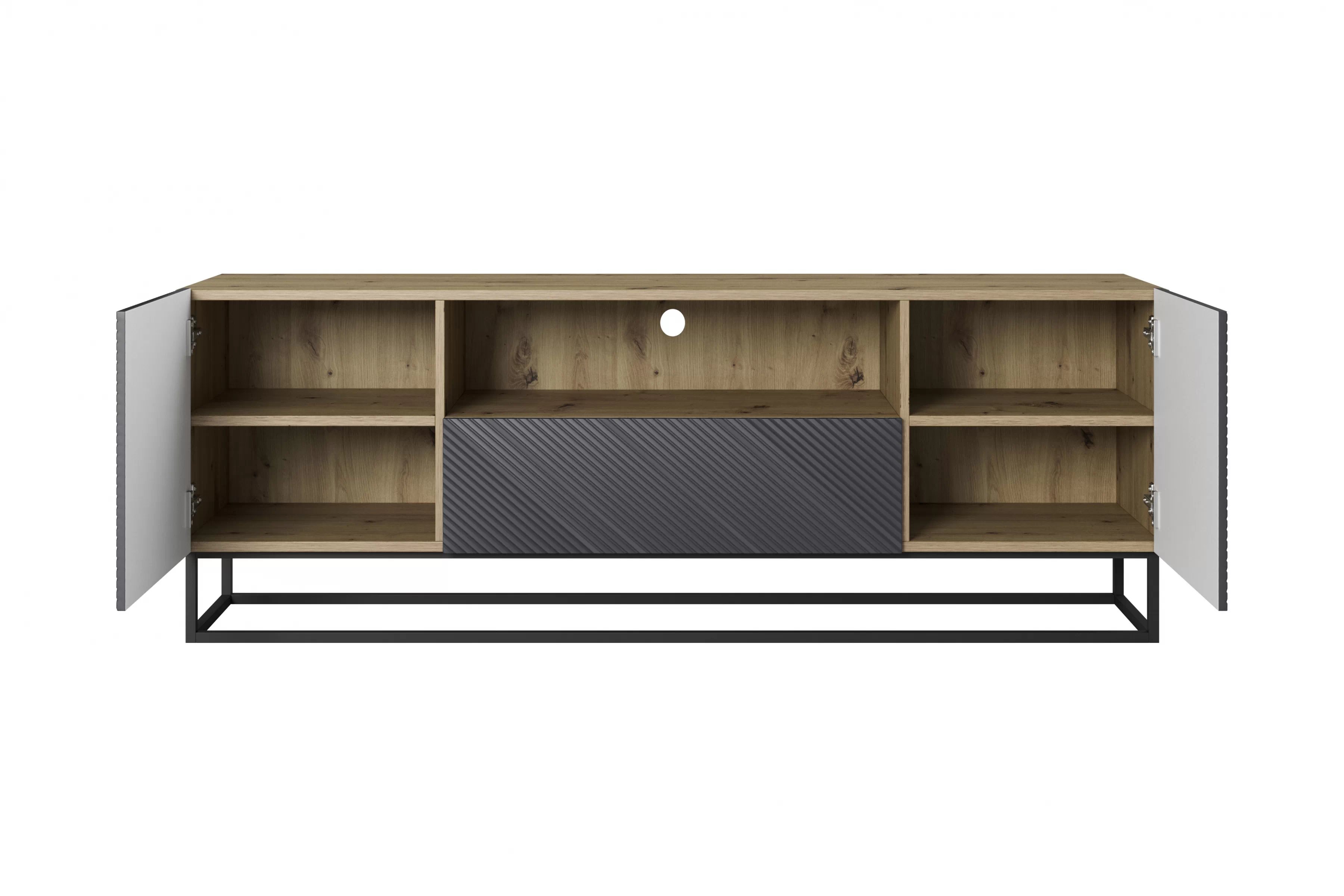 TV stolík Asha 167 cm so zásuvkou a kovovou podnožou - artisan / rivier stone mat TV skrinka Asha 167 cm z szuflada i metalowym stelazem - artisan / rivier stone mat