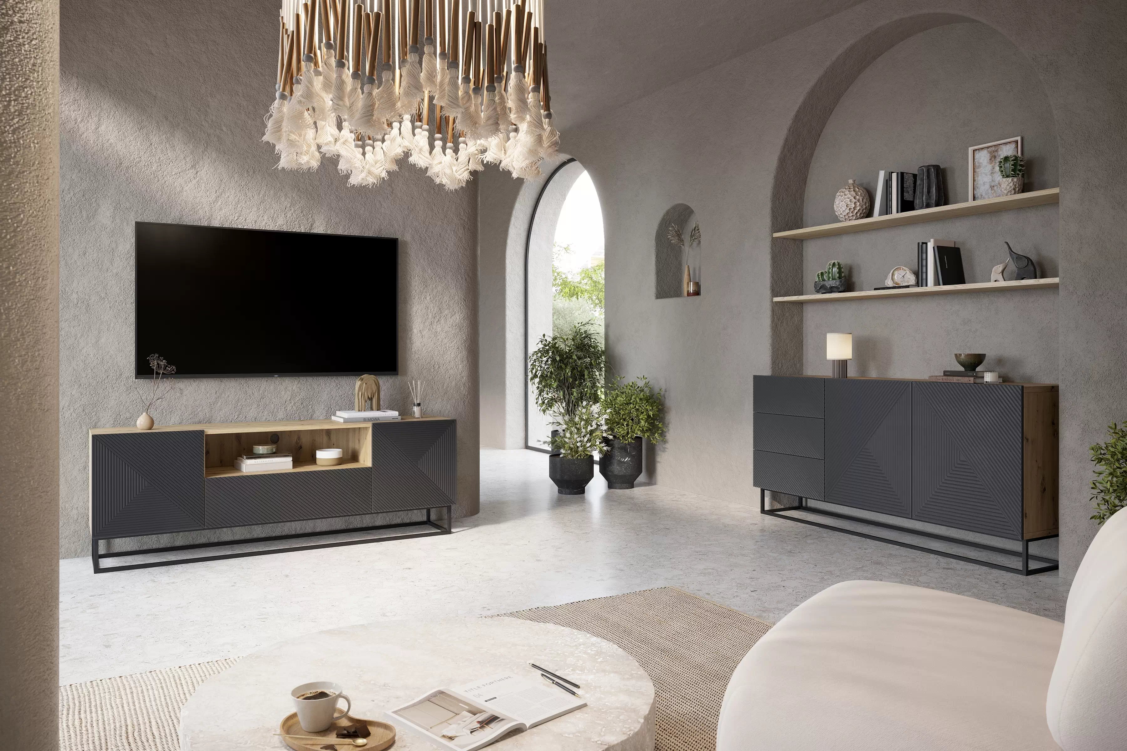 TV stolík Asha 167 cm so zásuvkou a kovovou podnožou - artisan / rivier stone mat TV skrinka Asha 167 cm z szuflada i metalowym stelazem - artisan / rivier stone mat