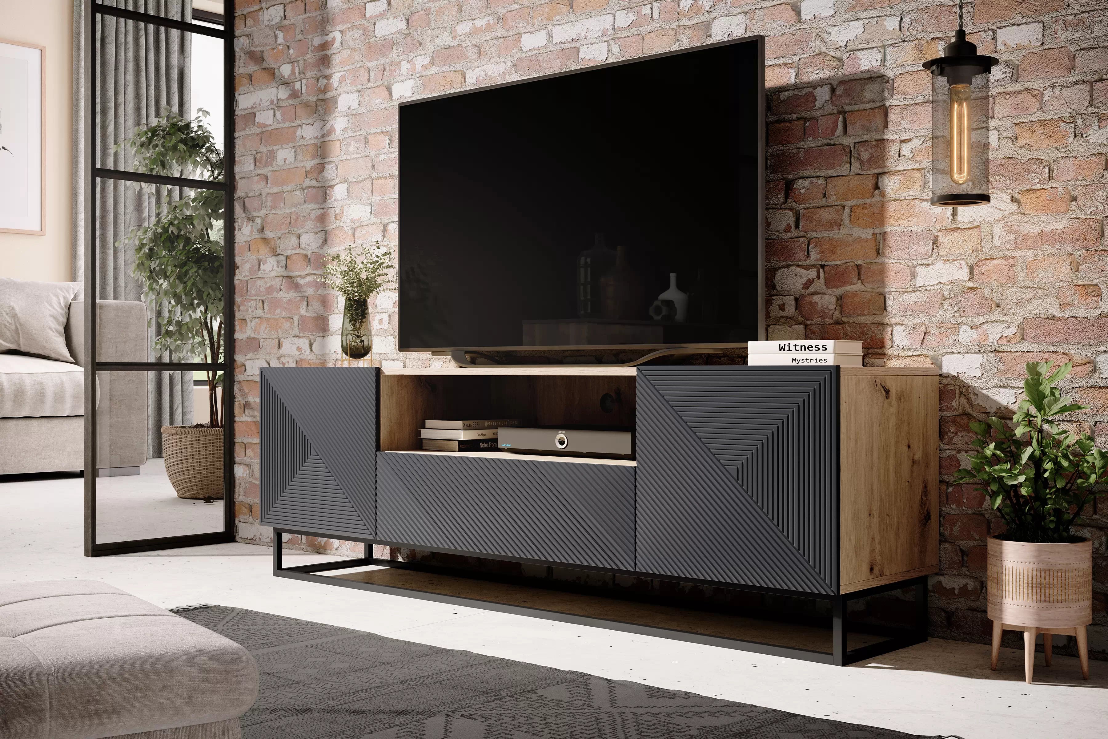 TV stolík Asha 167 cm so zásuvkou a kovovou podnožou - artisan / rivier stone mat TV skrinka Asha 167 cm z szuflada i metalowym stelazem - artisan / rivier stone mat