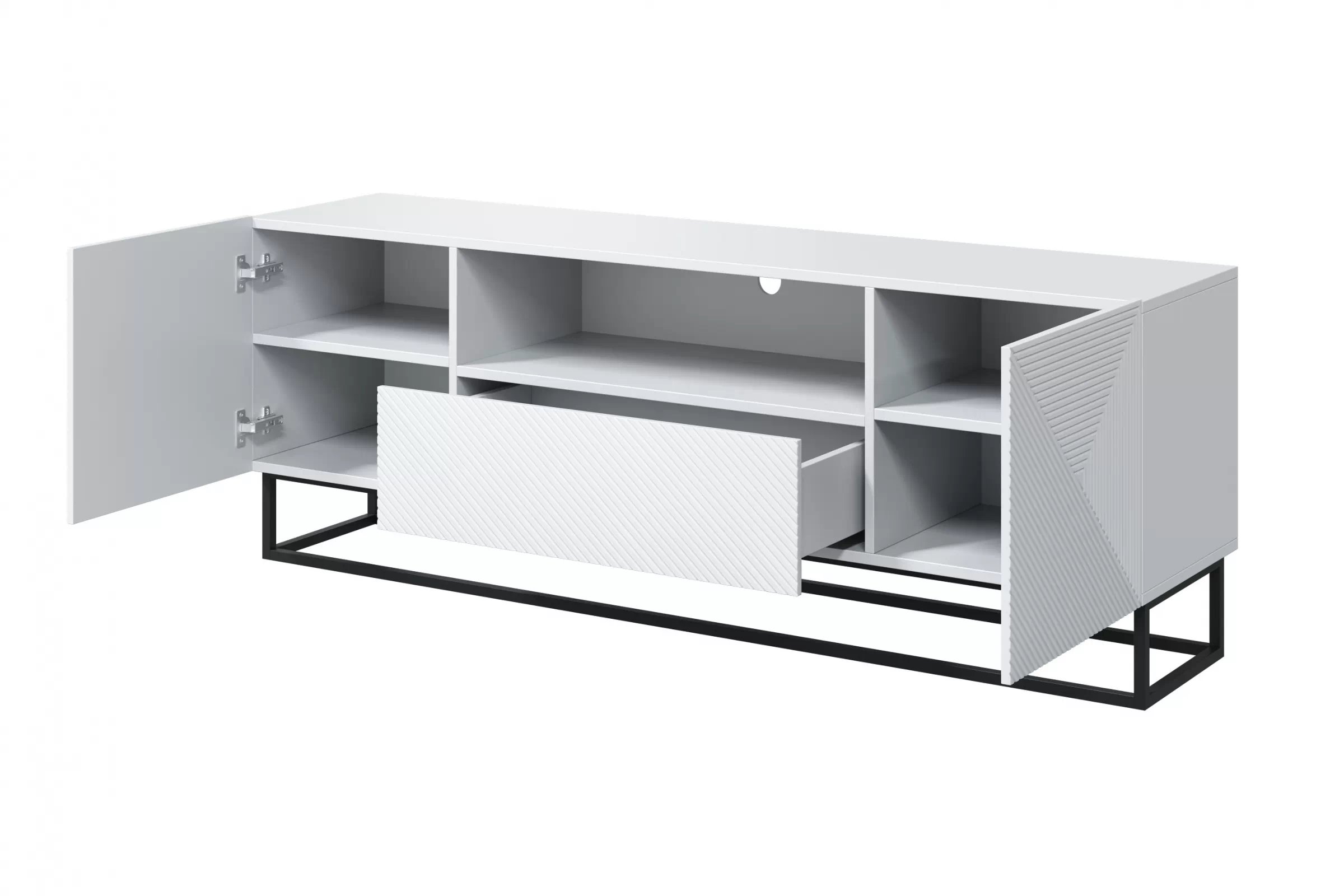 TV stolík Asha 167 cm so zásuvkou a kovovou konštrukciou - biely mat TV skrinka Asha 167 cm z szuflada i metalowym stelazem - biely mat