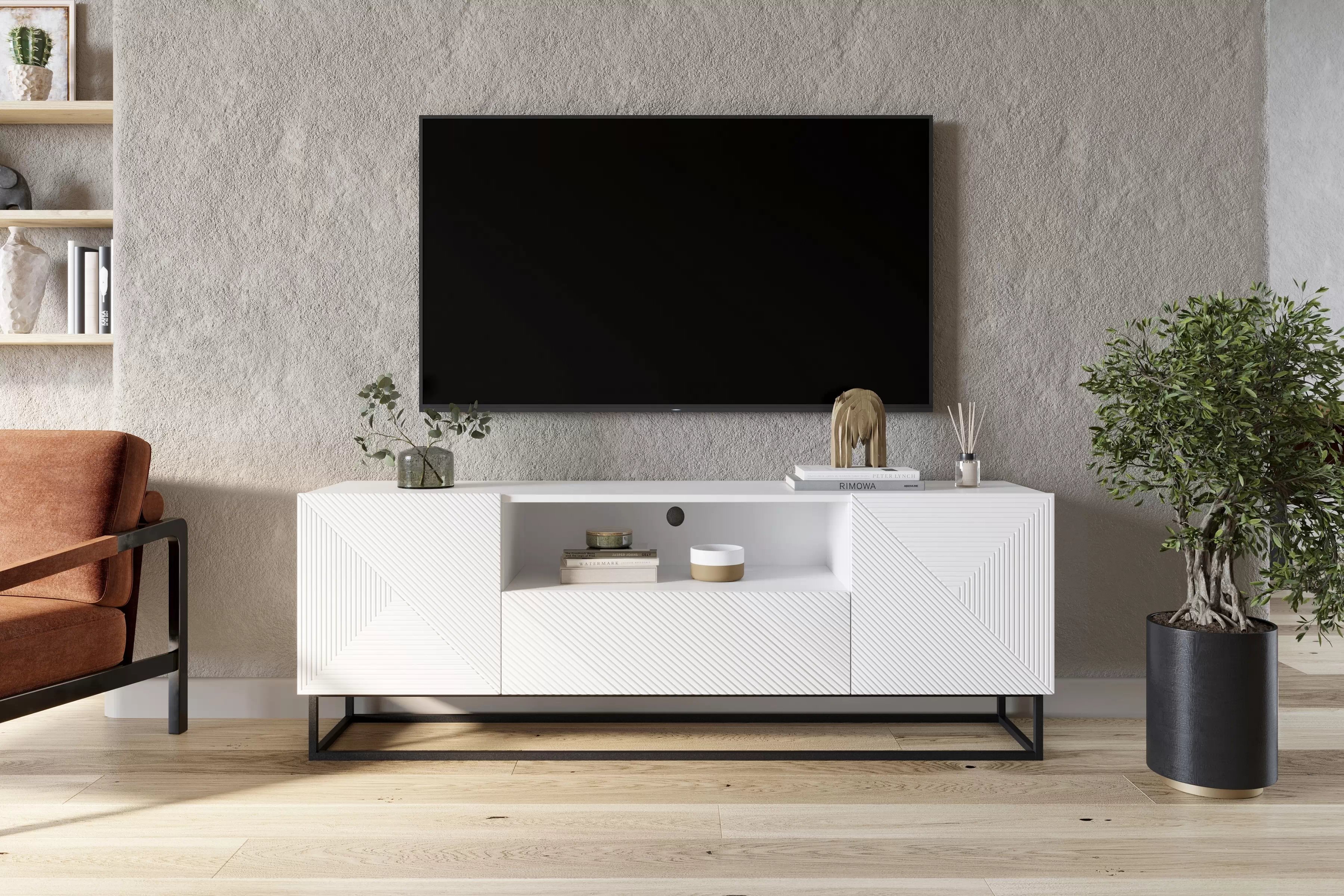 TV stolík Asha 167 cm so zásuvkou a kovovou konštrukciou - biely mat TV skrinka Asha 167 cm z szuflada i metalowym stelazem - biely mat