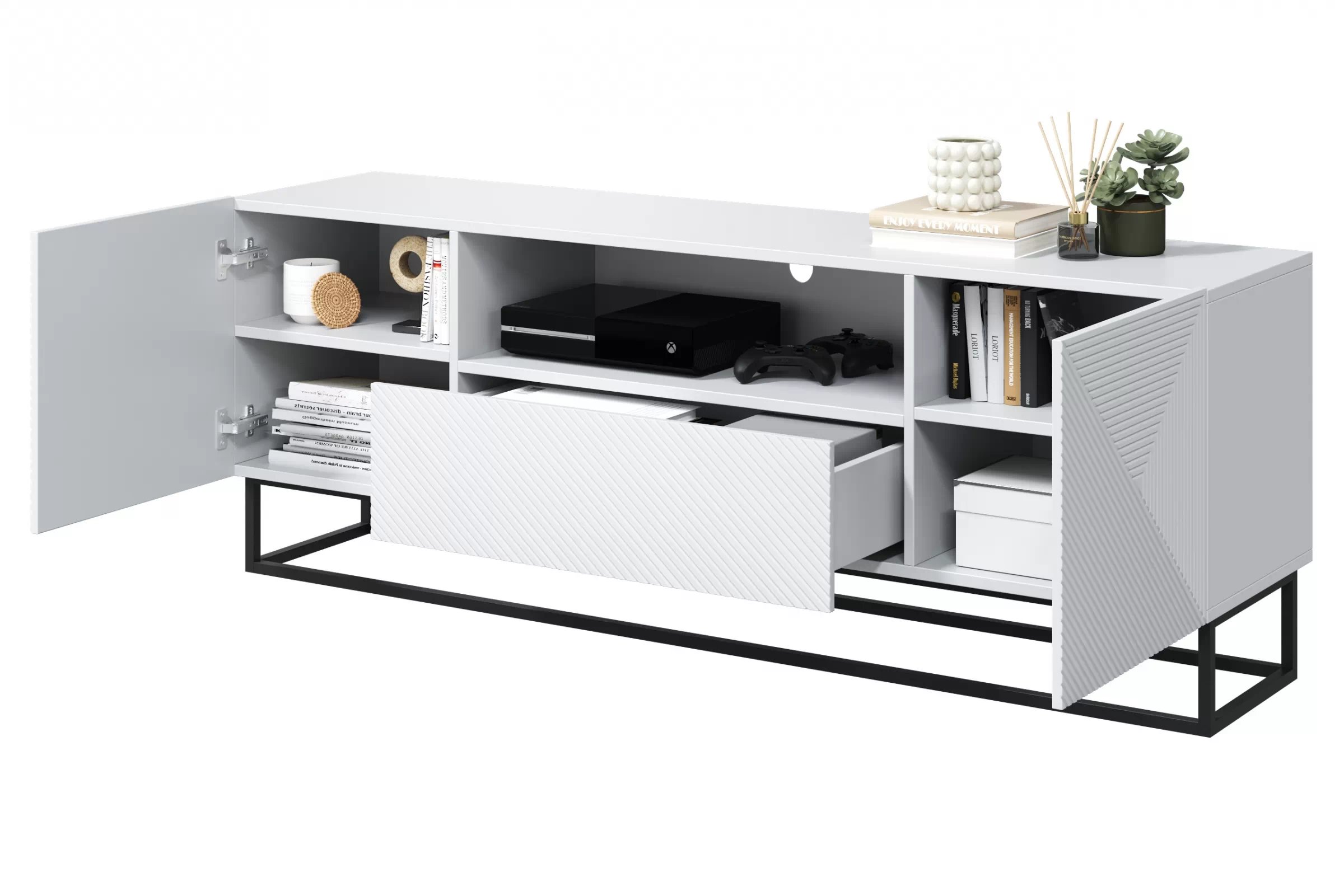 TV stolík Asha 167 cm so zásuvkou a kovovou konštrukciou - biely mat TV skrinka Asha 167 cm z szuflada i metalowym stelazem - biely mat